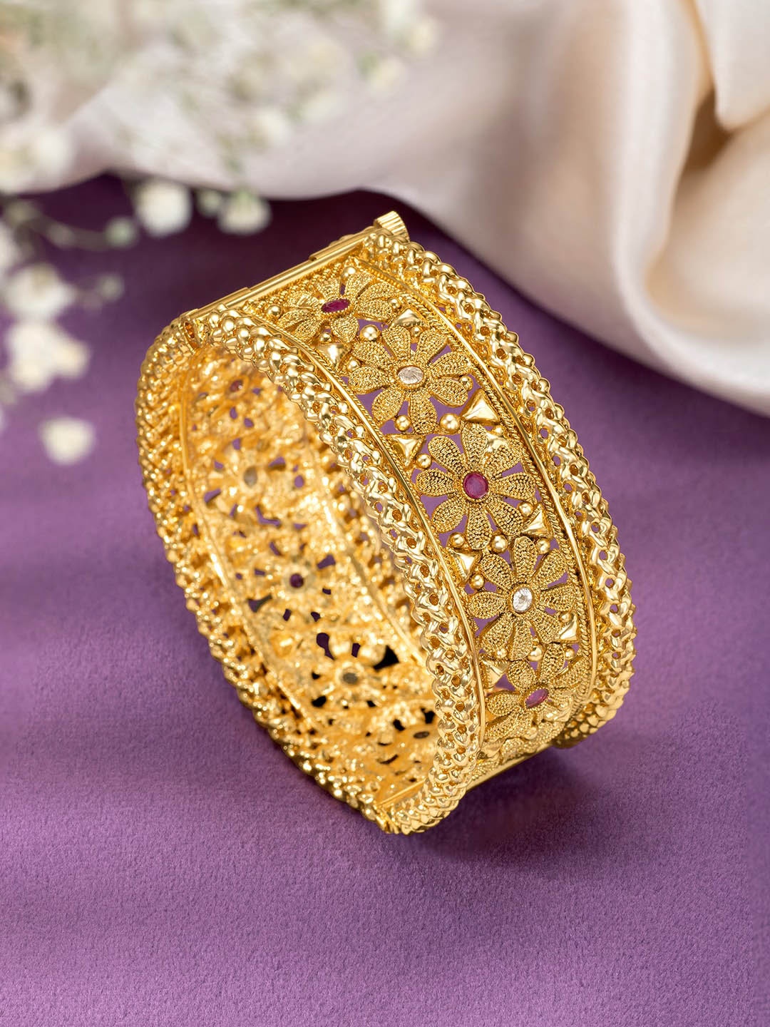 

Peora Gold-Plated Thick Single Piece Synthetic Stone-Studded Openable Kada Bangle