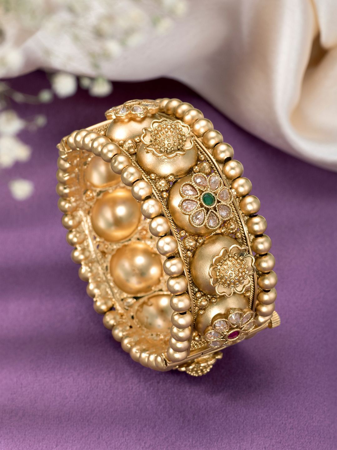 

Peora Gold-Plated Synthetic Stone Studded Thick Single Piece Openable Kada Bangle