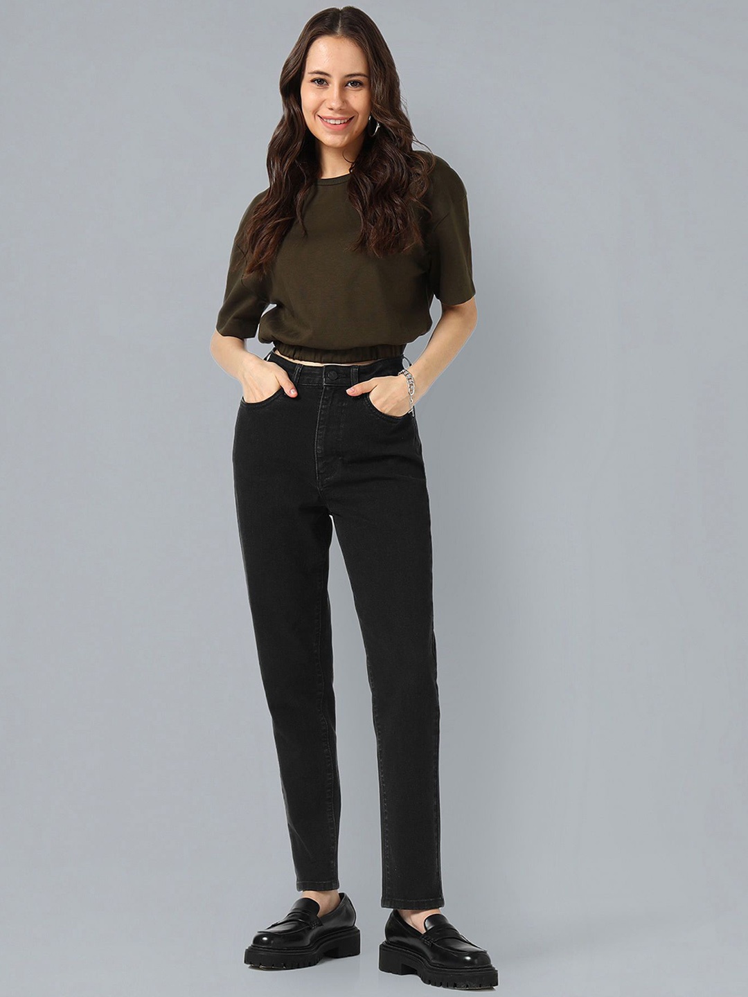 

Flying Machine Women Mom Fit High-Rise Clean Look Stretchable Jeans, Black