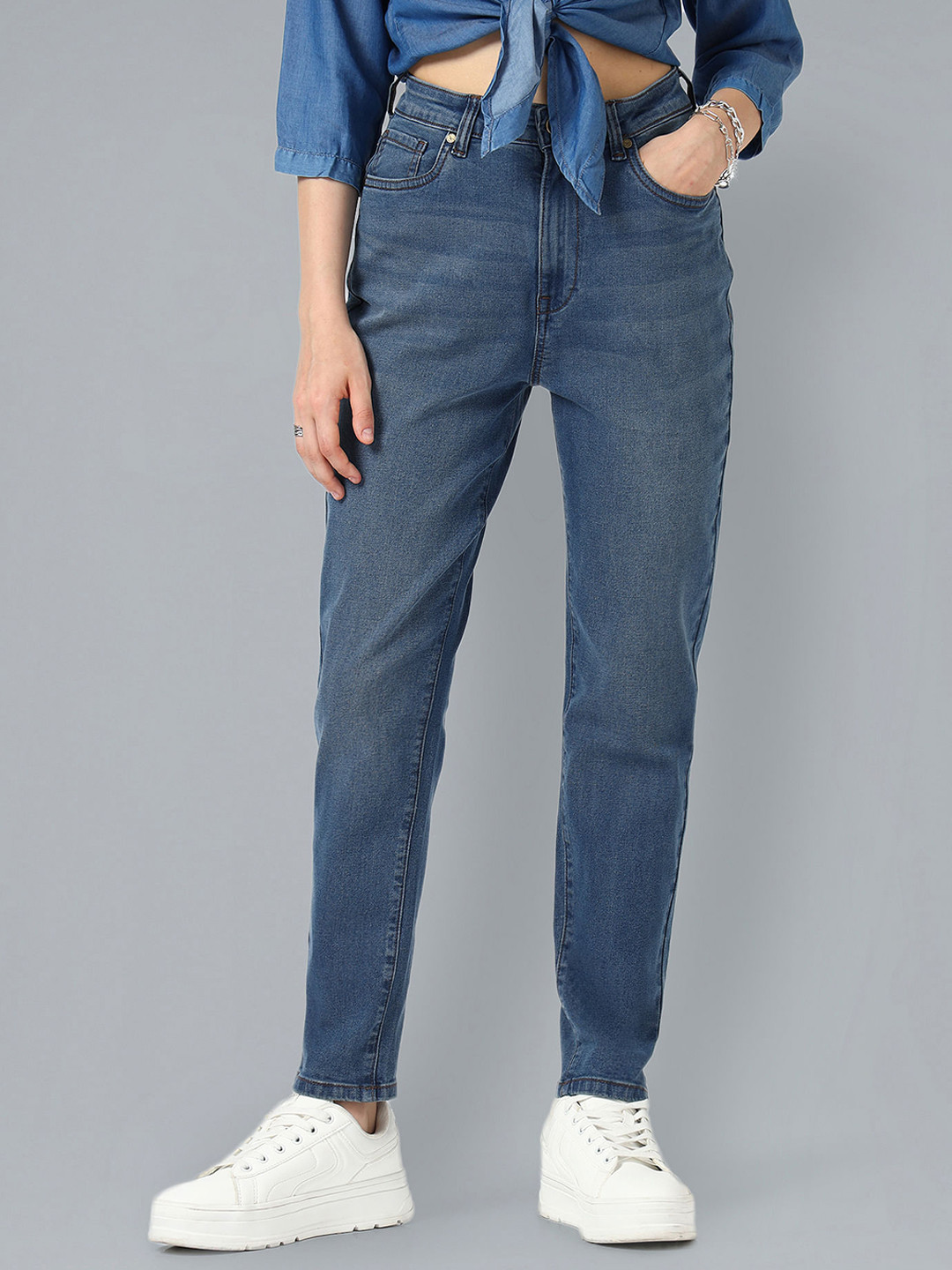 

Flying Machine Women Mom Fit High-Rise Clean Look Stretchable Jeans, Blue