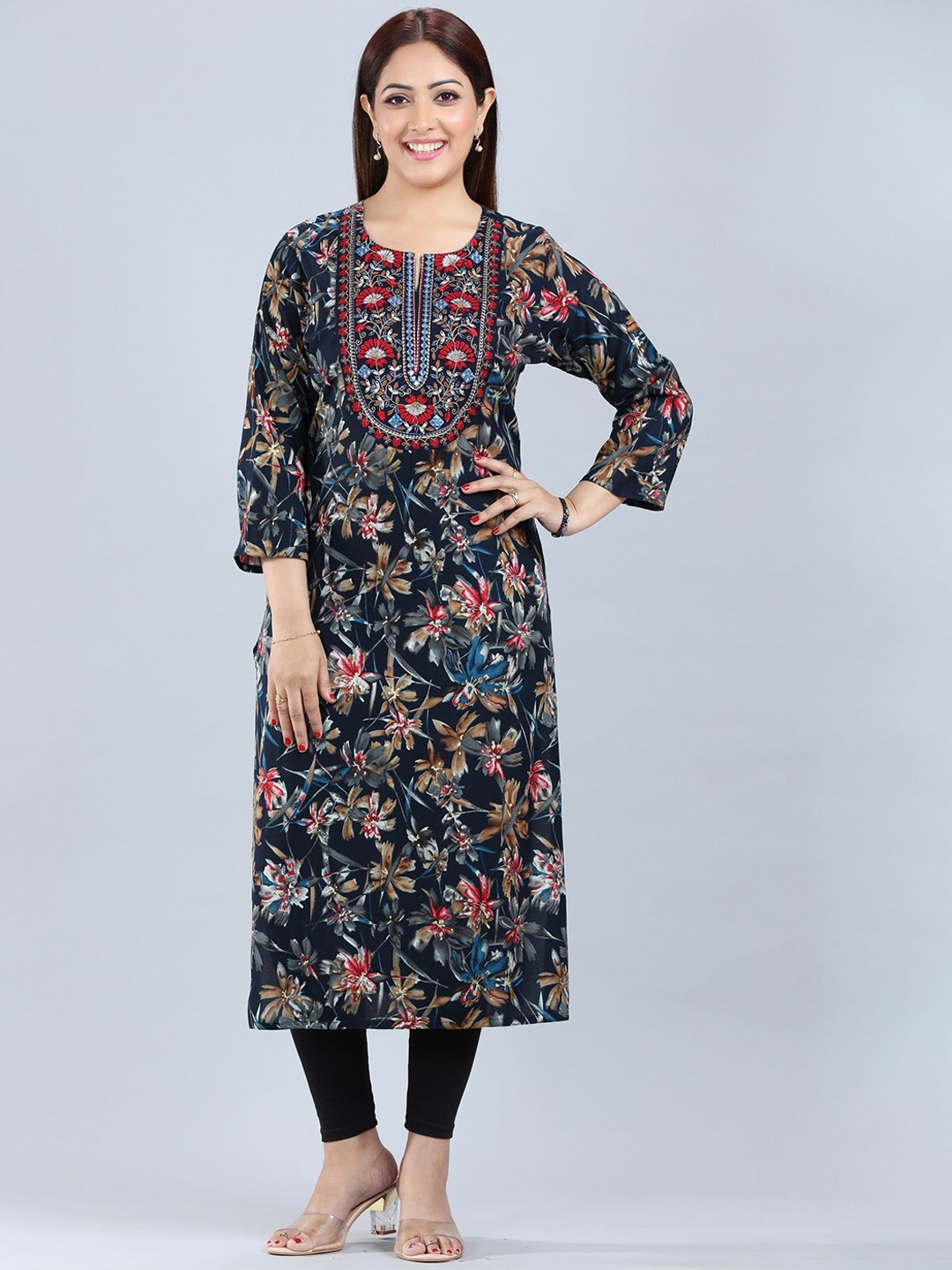 

COTTON CULTURE Floral Printed Thread Work Kurta, Navy blue