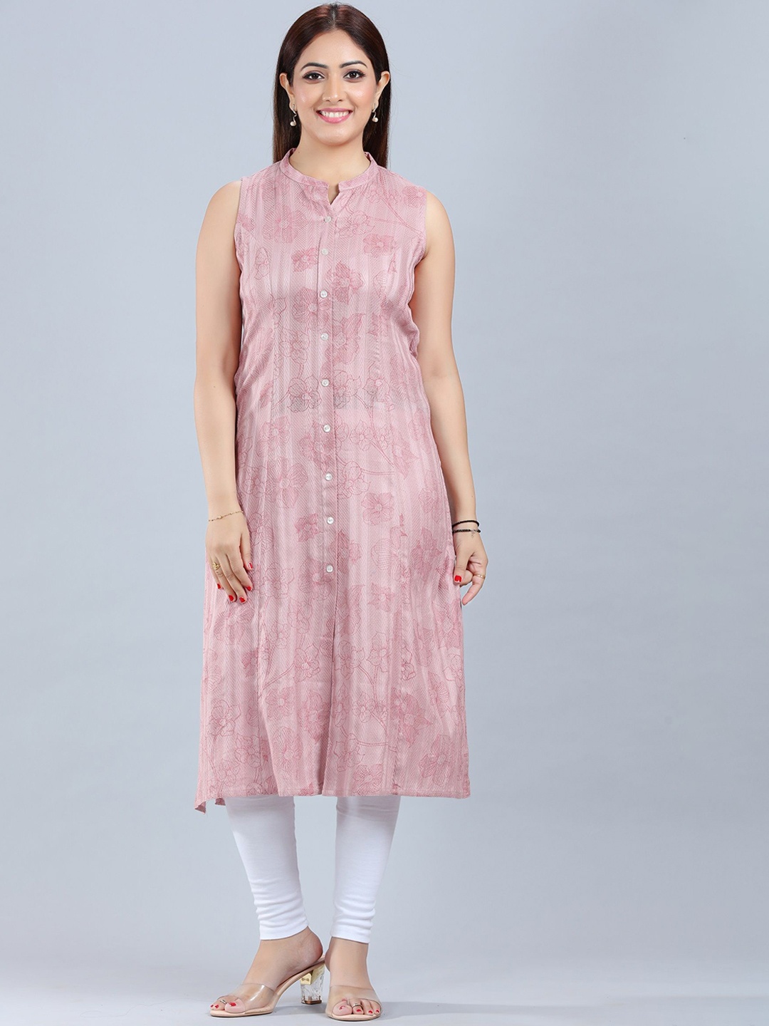 

COTTON CULTURE Floral Printed Mandarin Collar Cotton Kurta, Pink