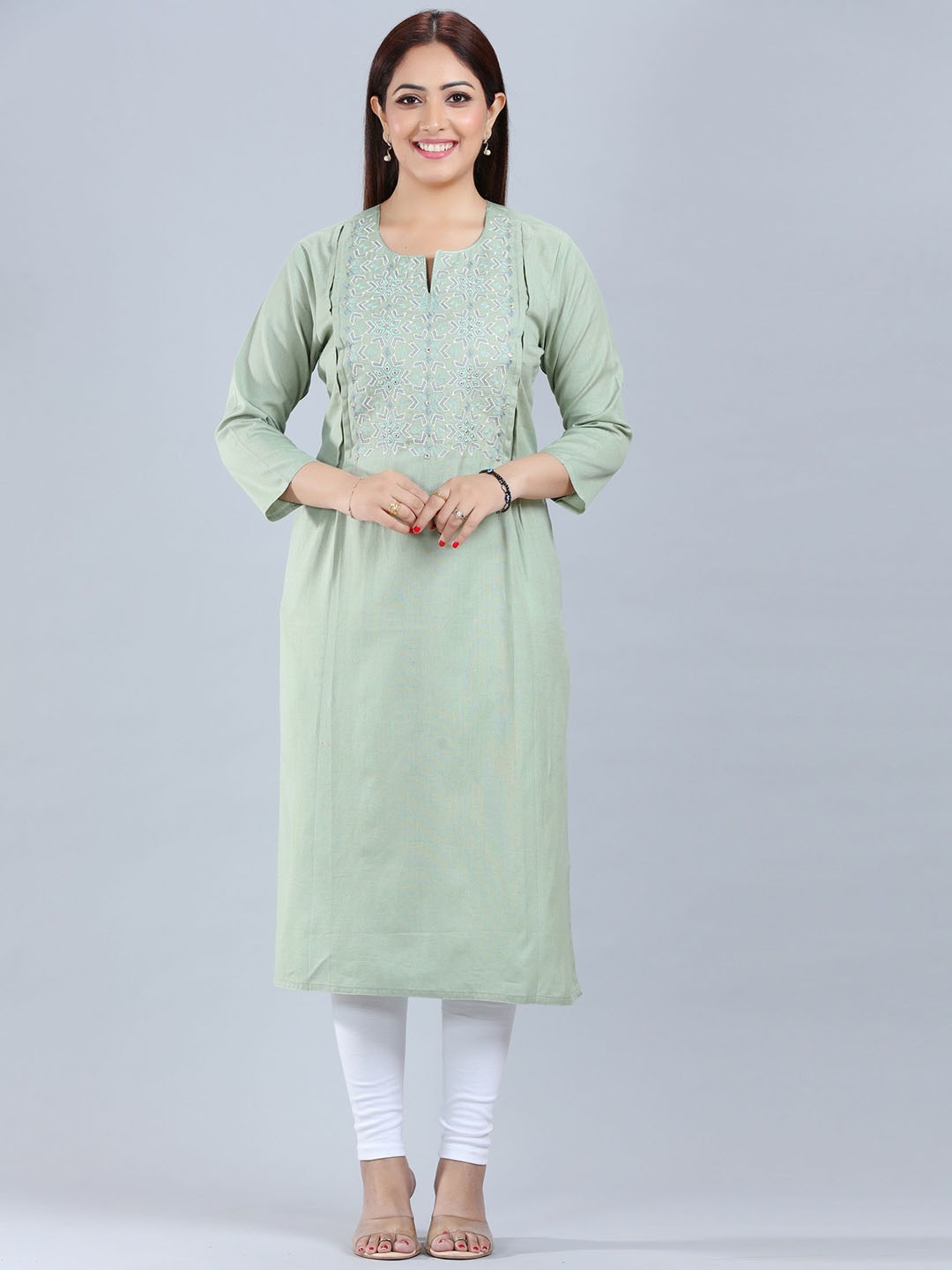 

COTTON CULTURE Embroidered Thread Work Cotton Kurta, Green