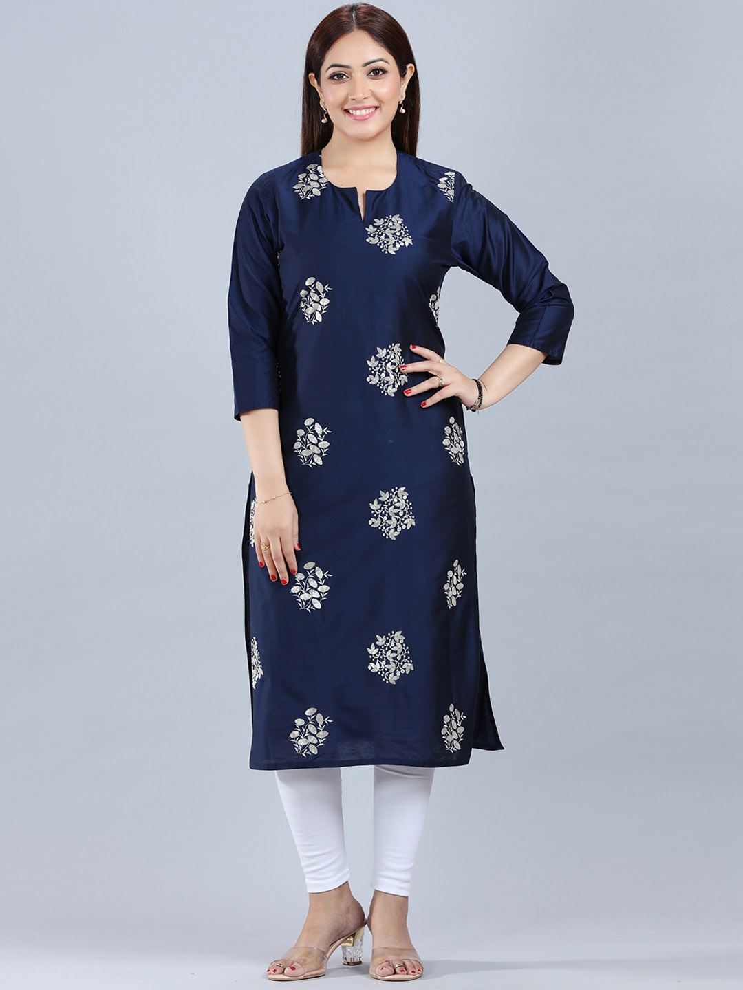 

COTTON CULTURE Floral Embroidered Cotton Silk Kurta, Navy blue
