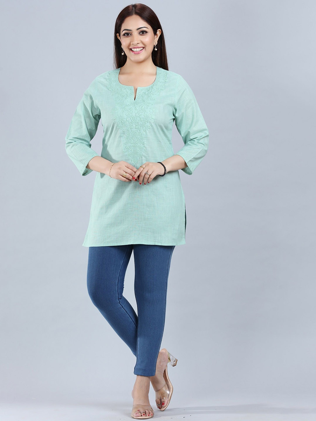

COTTON CULTURE Women Embroidered Flared Sleeves Thread Work Kaftan Kurta, Green