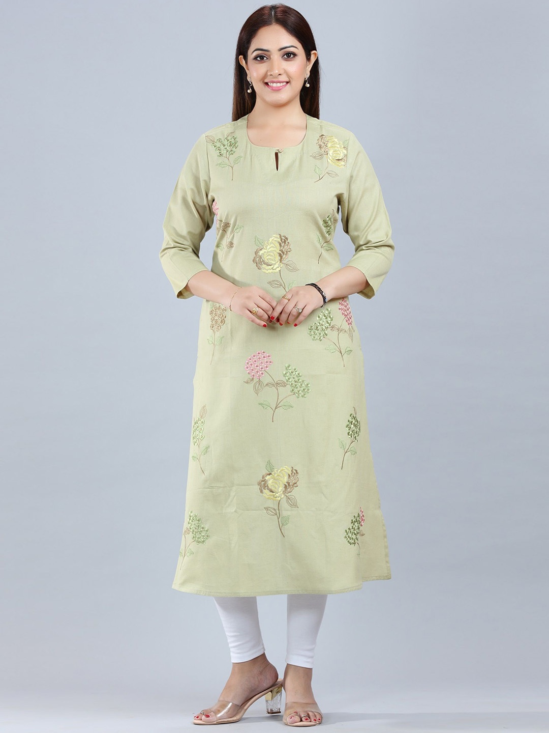 

COTTON CULTURE Floral Embroidered Thread Work Cotton Kurta, Green