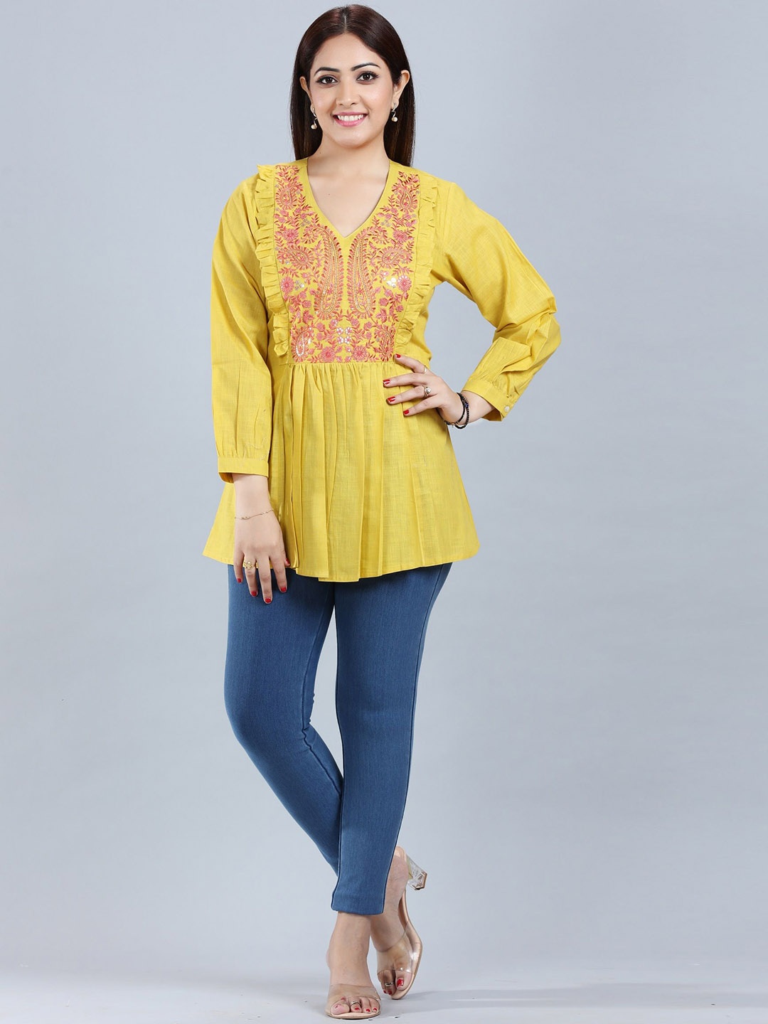 

COTTON CULTURE Women Yoke Design Flared Sleeves Kurta, Mustard