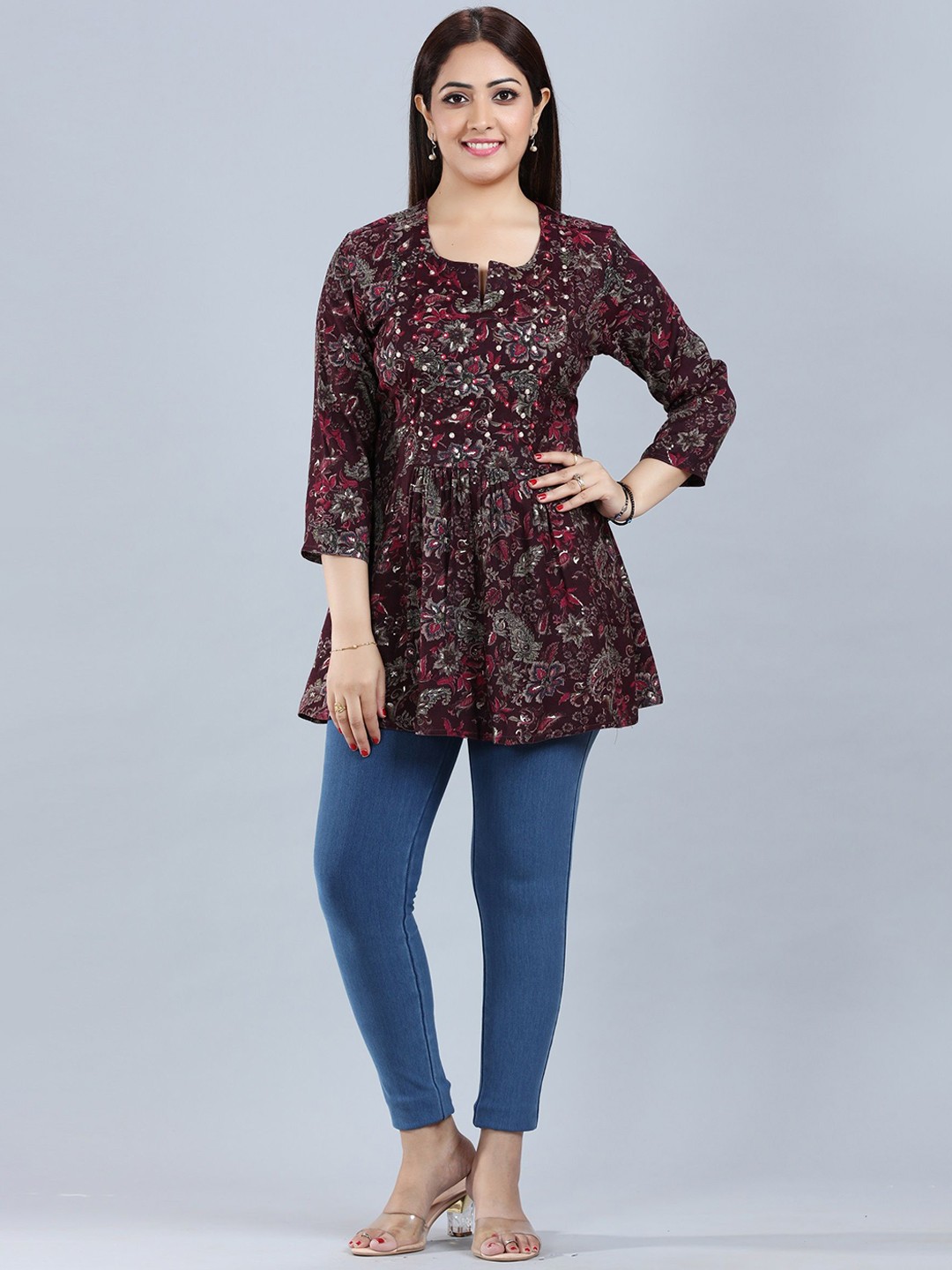 

COTTON CULTURE Women Ethnic Motifs Printed Sequinned Kurta, Maroon