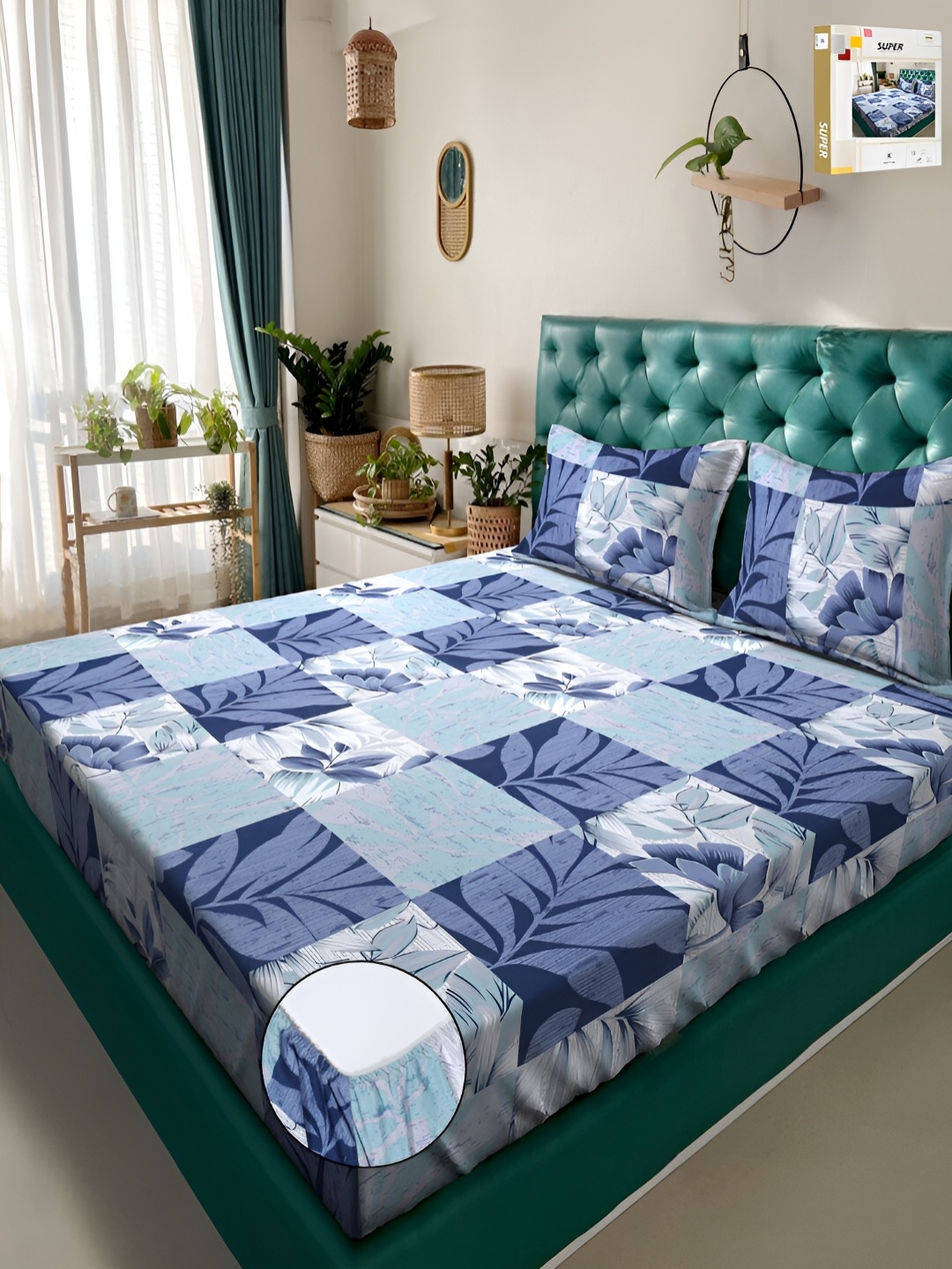 

KLOTTHE Blue Printed 300 TC Fitted Double King Bedsheets & Pillow Covers