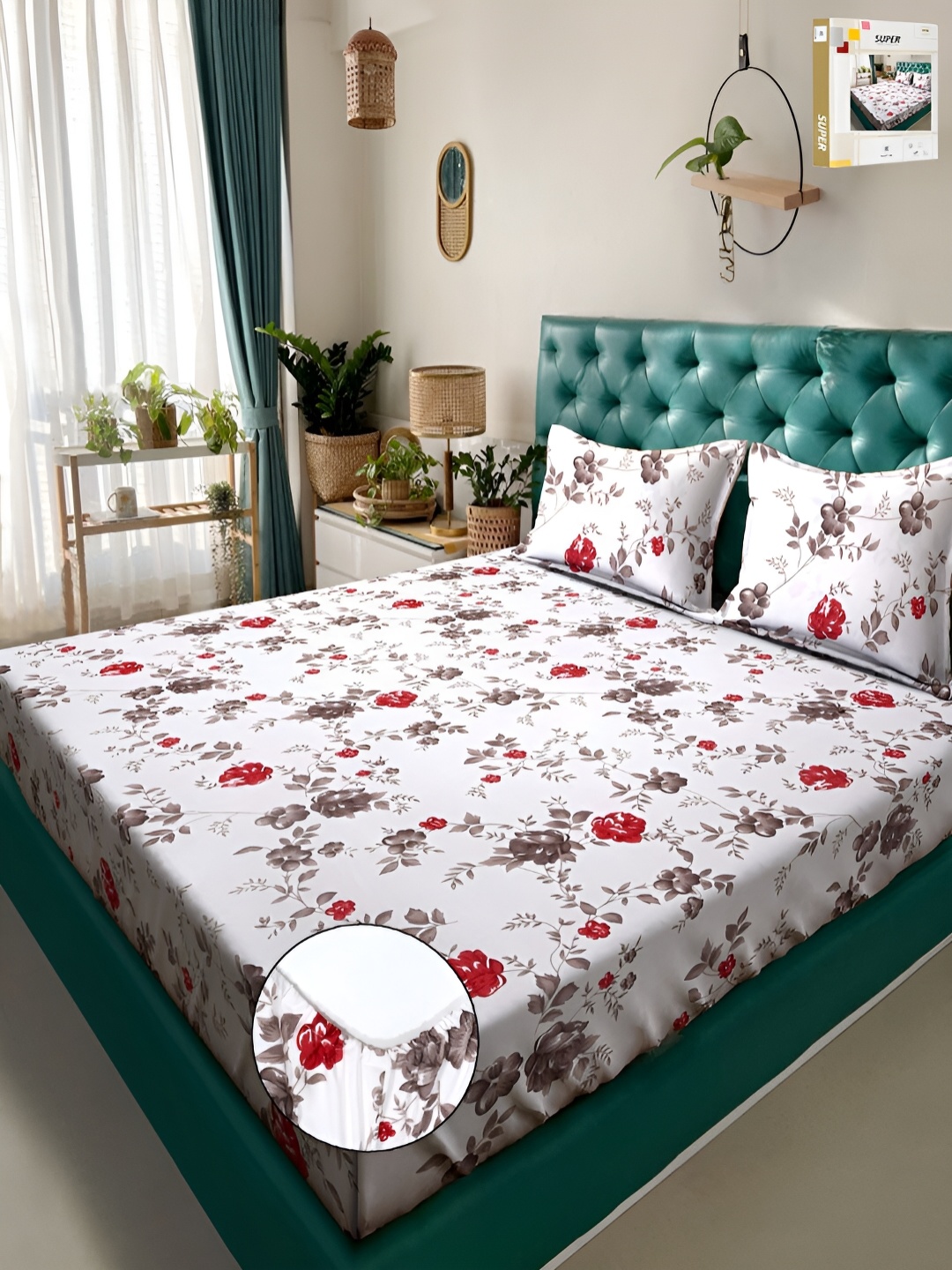

KLOTTHE White Printed 300 TC Fitted Double King Bedsheets & Pillow Covers