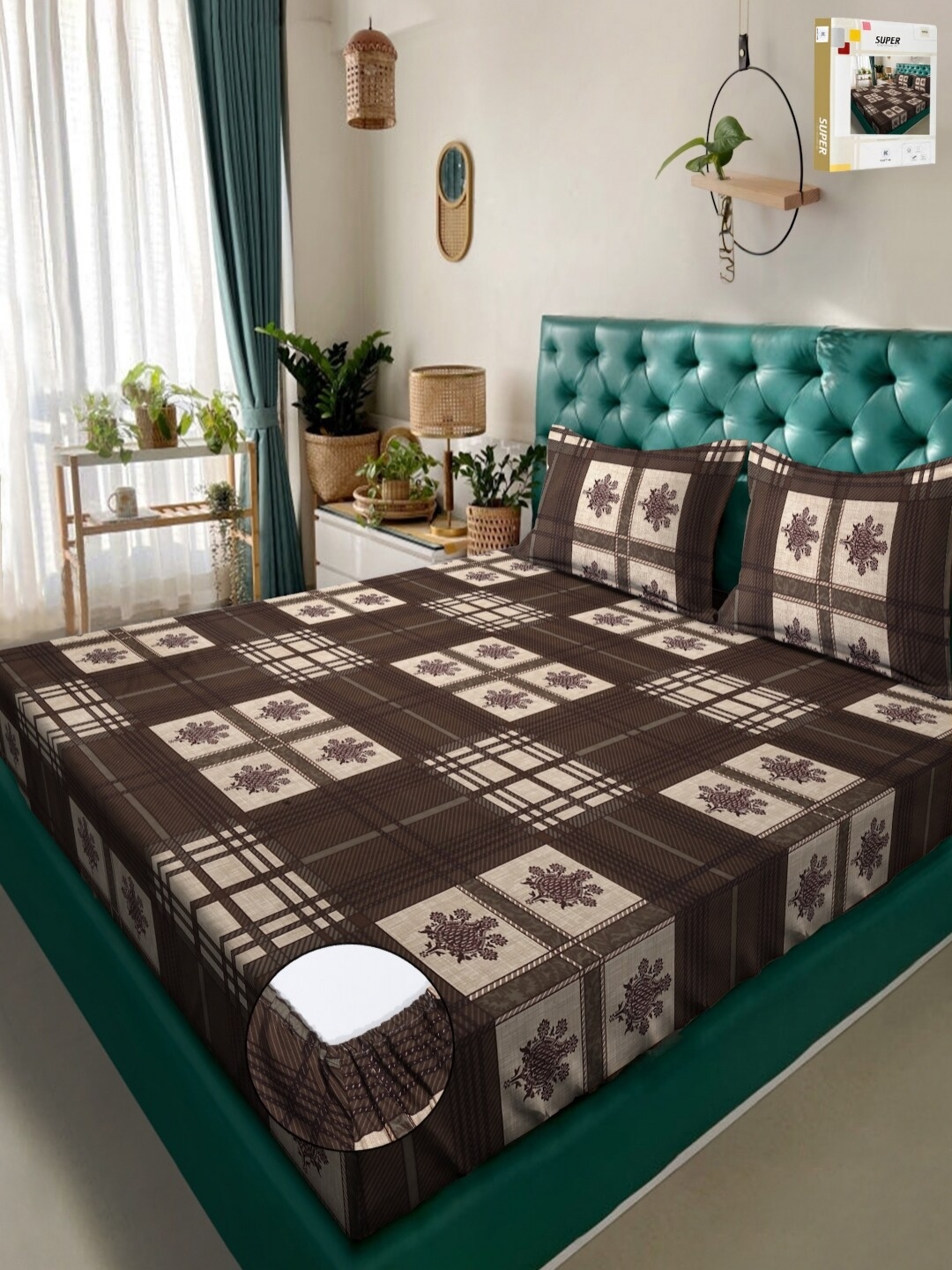 

KLOTTHE Brown Printed 300 TC Double King Fitted Bedsheet With 2 Pillow Covers