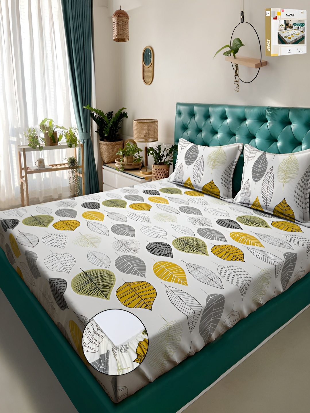 

KLOTTHE Cream Printed 300 TC Fitted Double King Bedsheets & Pillow Covers