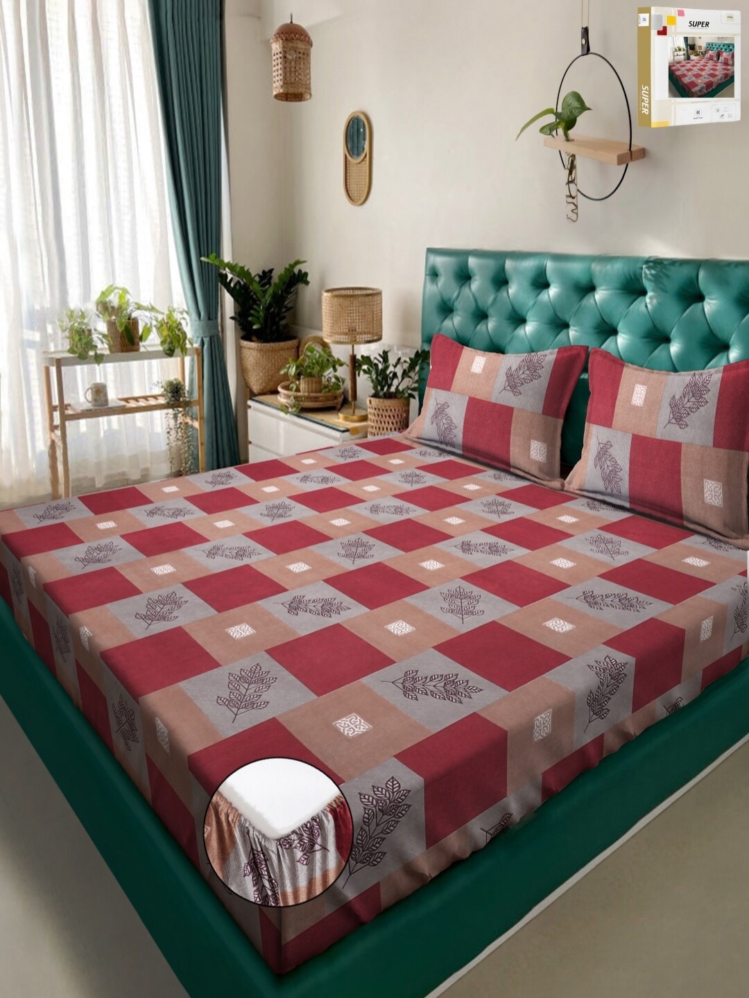 

KLOTTHE Red & Grey Geometric 300 TC Fitted Double Bedsheet & 2 Pillow Covers