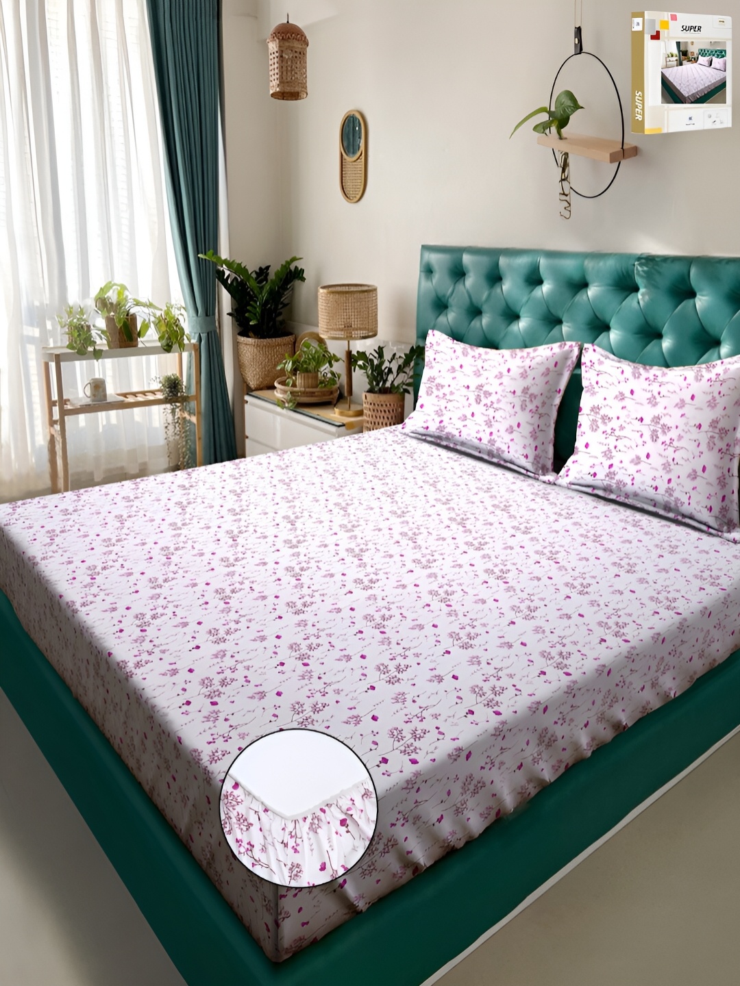 

KLOTTHE White Floral 300 TC Fitted Double Bedsheet & 2 Pillow Covers