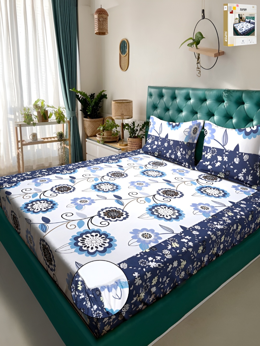 

KLOTTHE Floral 300 TC Fitted King Double Bedsheet & 2 Pillow Covers, White
