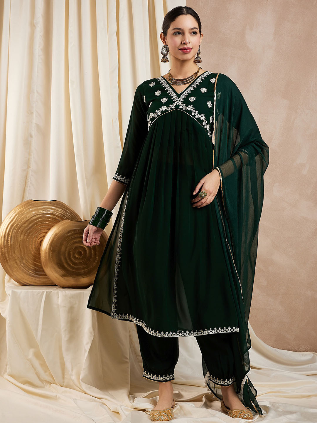 

KALINI Women Floral Embroidered Regular Sequinned Kurta with Trousers & With Dupatta, Green