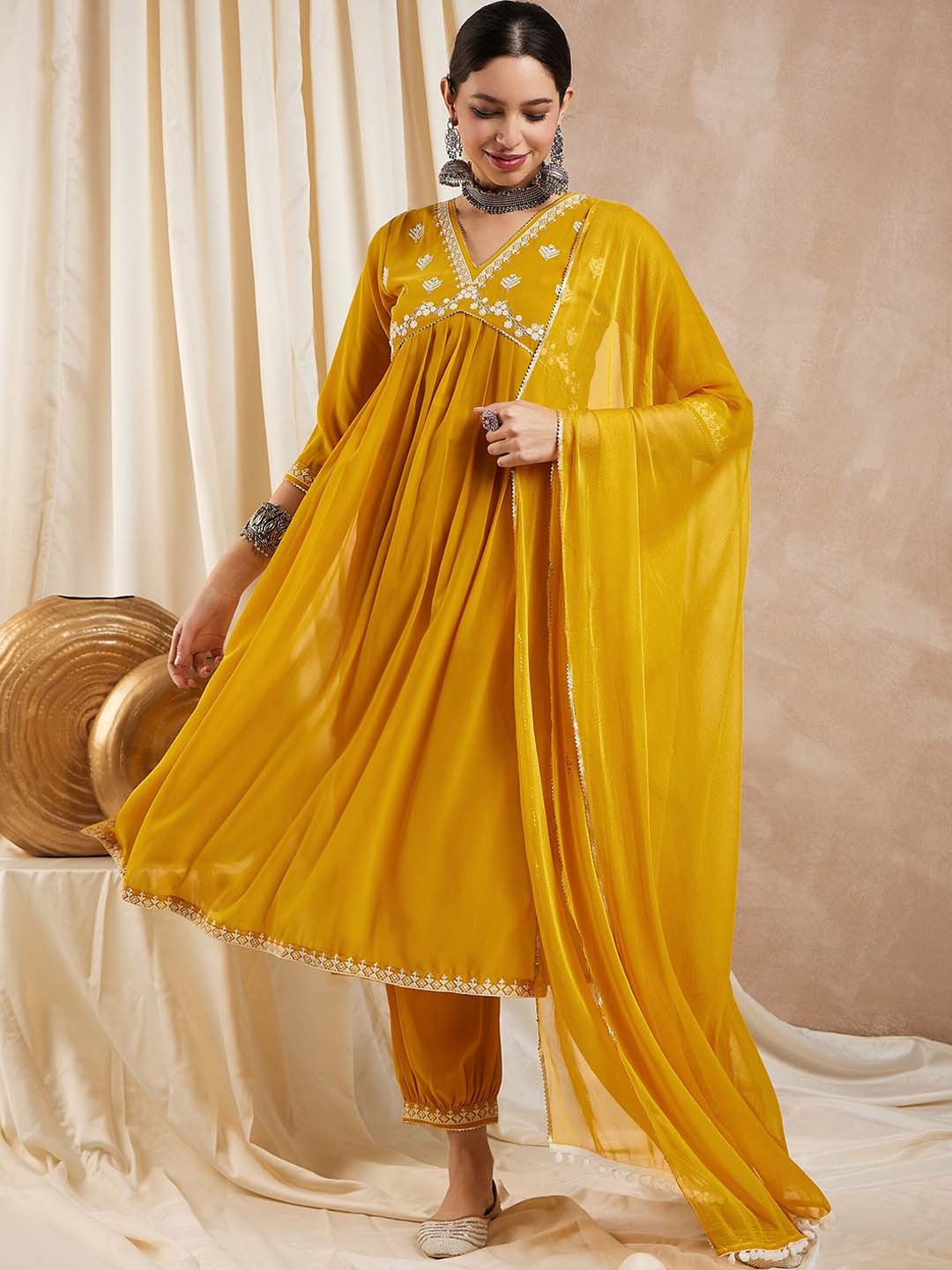 

KALINI Floral Embroidered Empire Sequinned Kurta With Trousers & Dupatta, Yellow