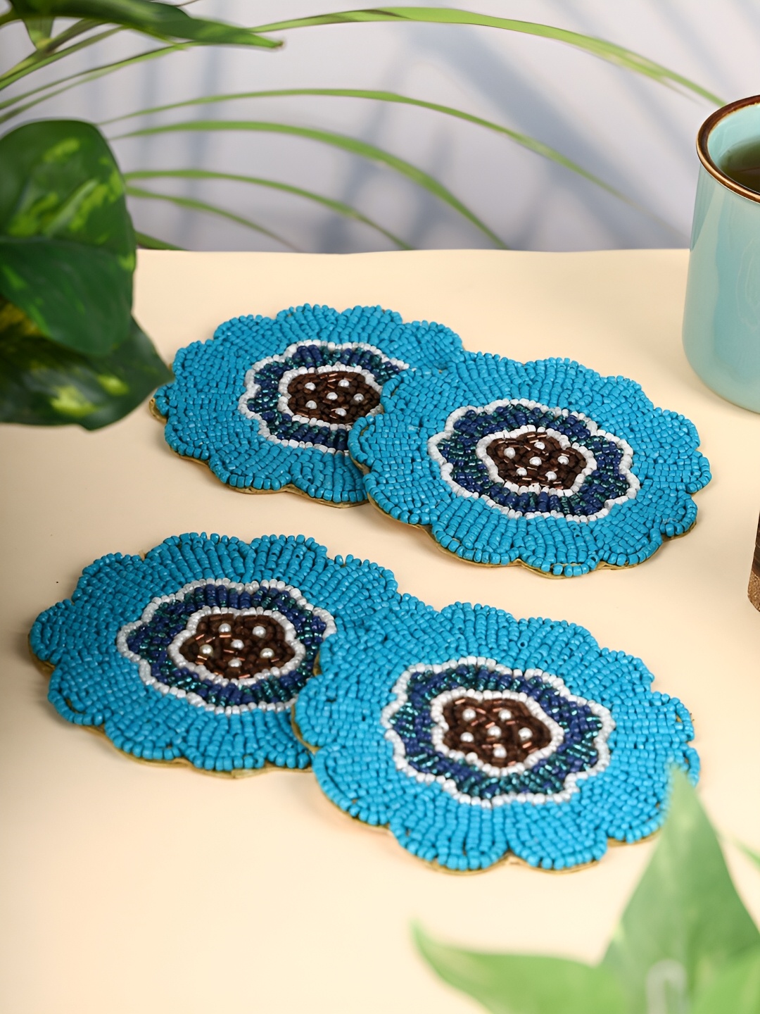 

YWULY Blue 4 Pcs Hand Made Beaded Agate Stone Coasters