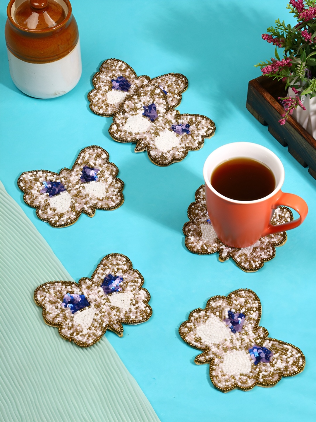 

YWULY Brown & White 6 Pieces Embellished Butterfly Coasters