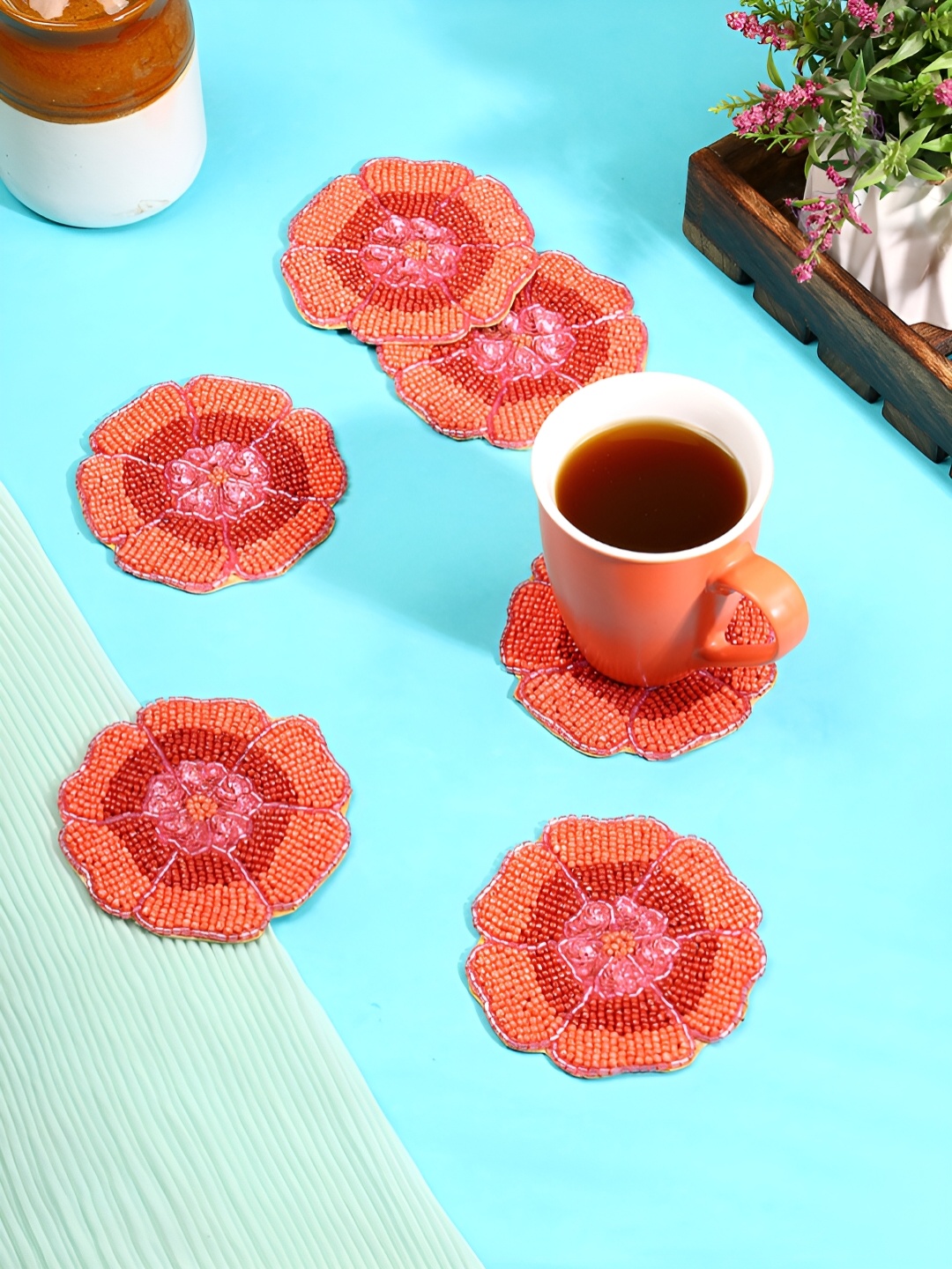 

YWULY Orange & Red 6Pcs Embellished Floral Coasters