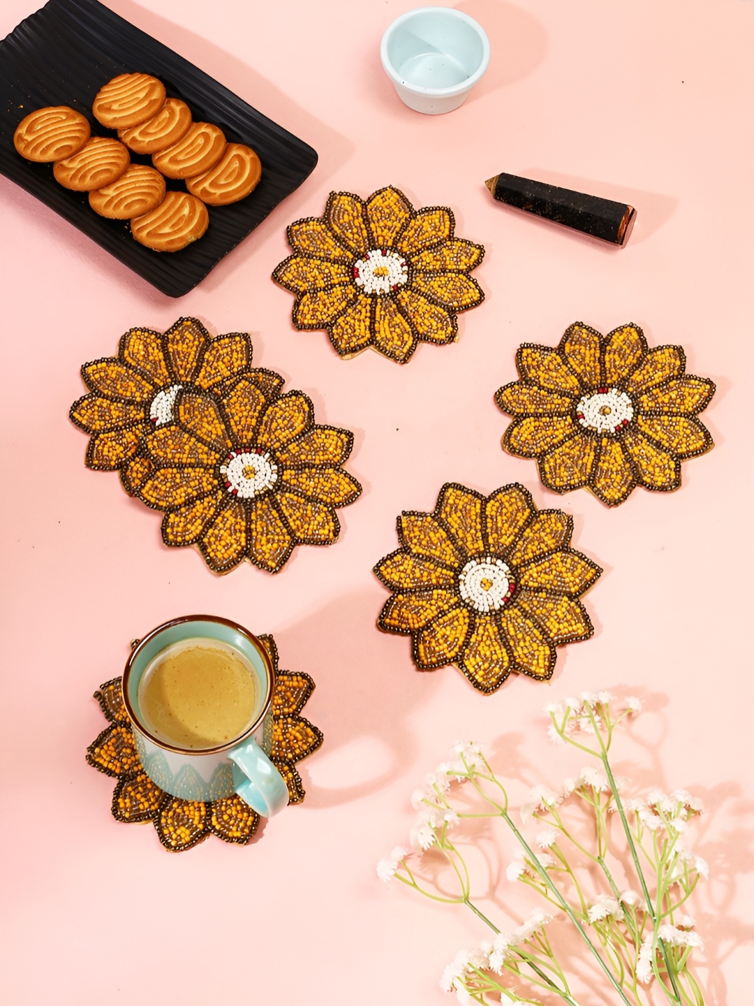 

YWULY Yellow & Brown 6Pcs Embellished Beaded Coasters