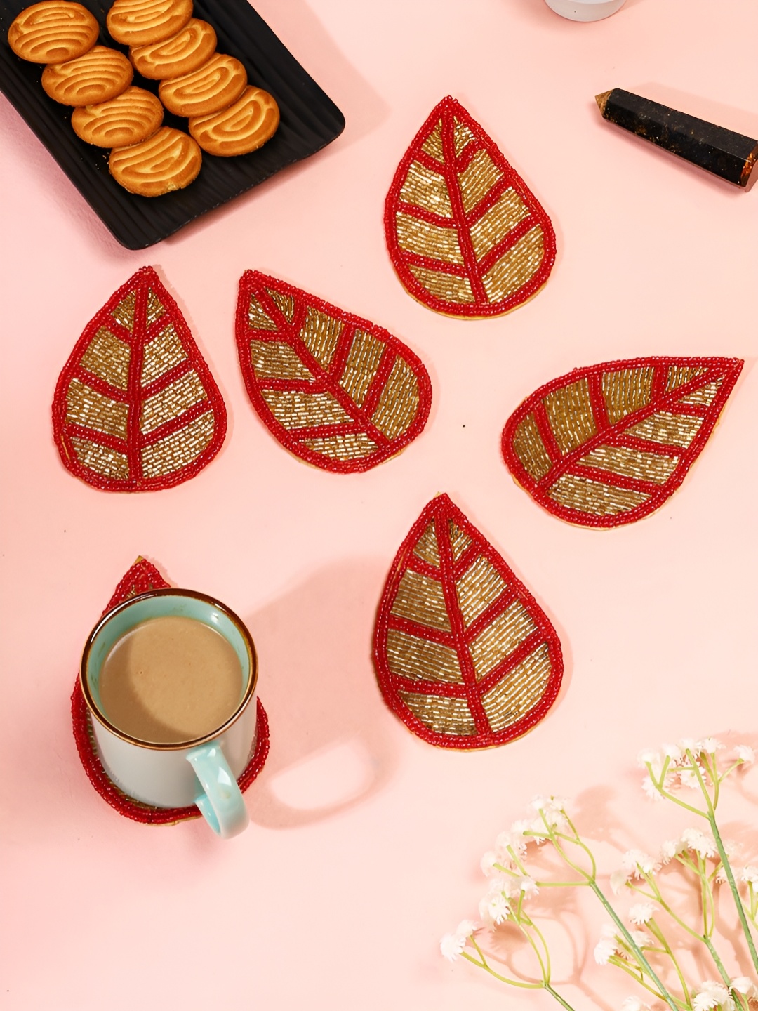

YWULY Brown & Red 6 Pieces Embellished Leaf Coasters