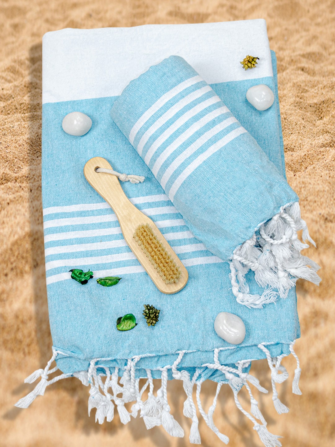 

Aura Turquoise Blue & White 2Pcs Striped Cotton 200 GSM Towel Set