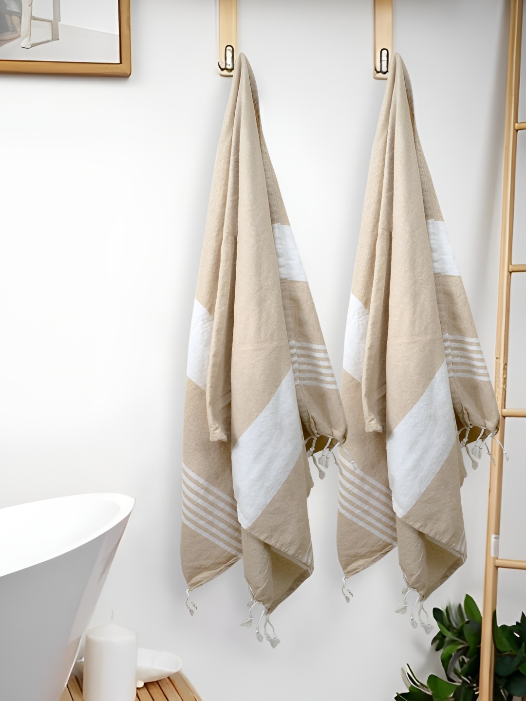 

Aura Beige & White 2 Pieces Striped Cotton 200 GSM Towel Set