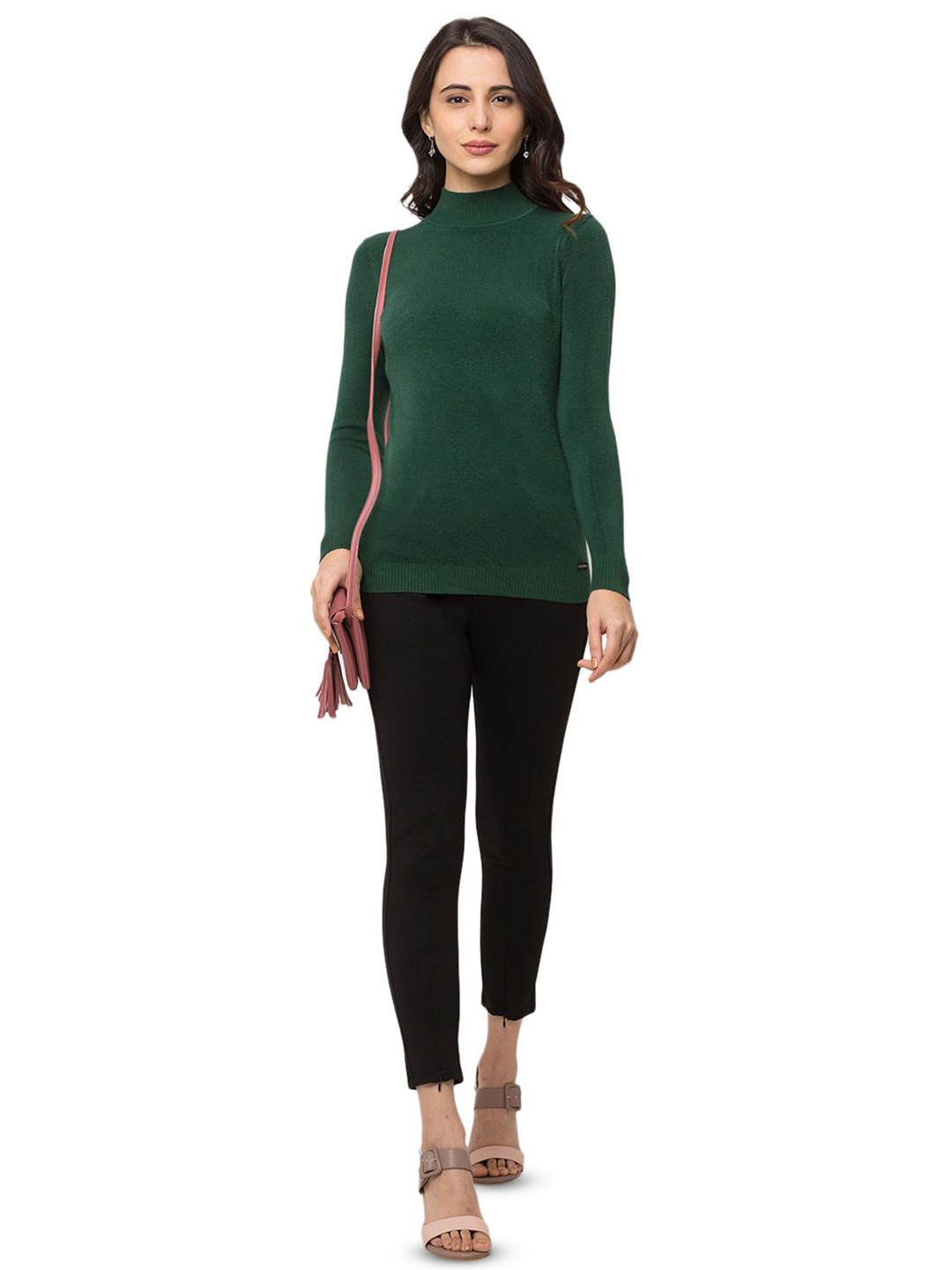 

SHECZZAR High Neck Long Sleeves Solid Top, Green