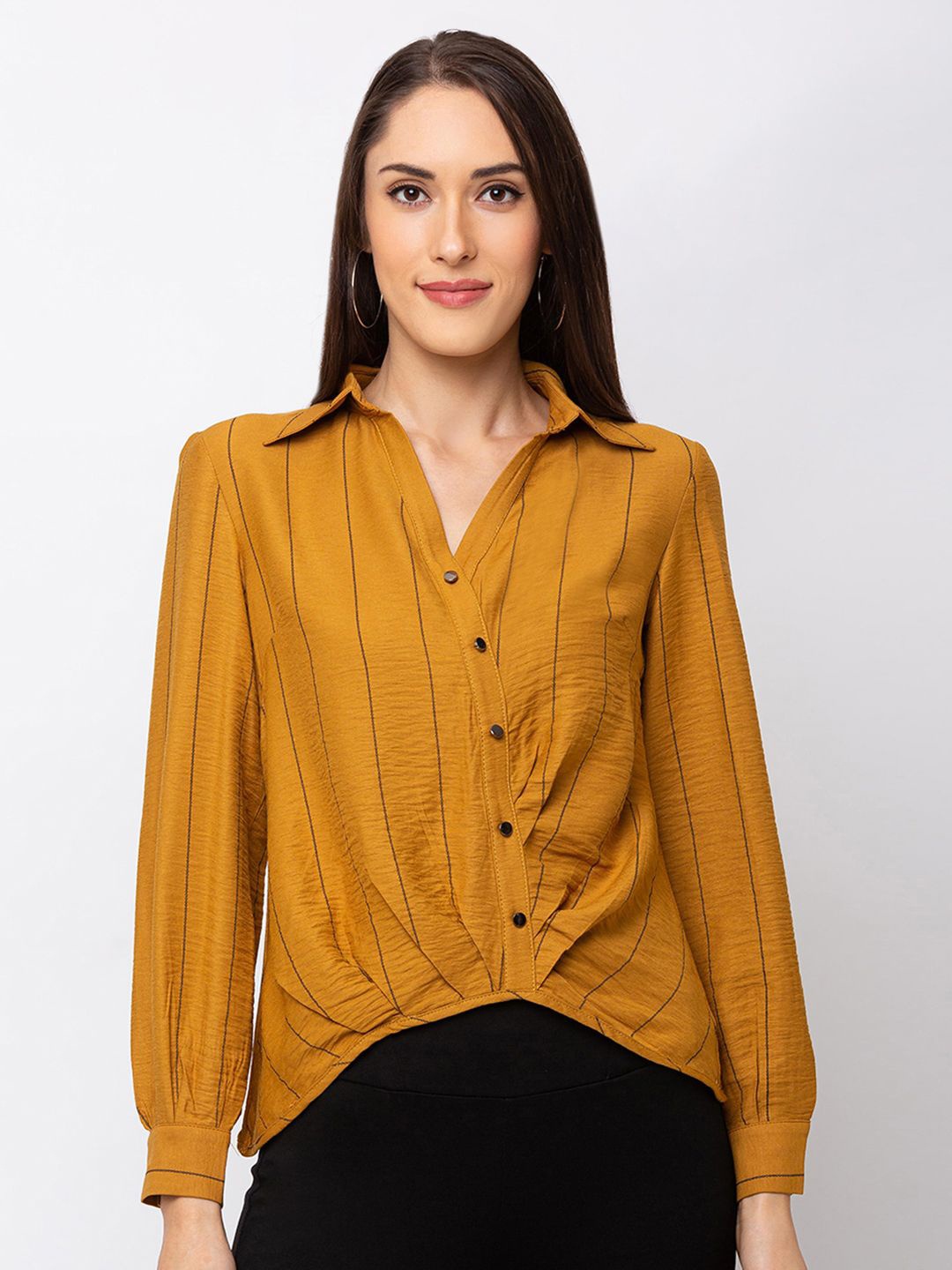 

SHECZZAR Striped Shirt Collar Long Sleeves Cotton Top, Yellow