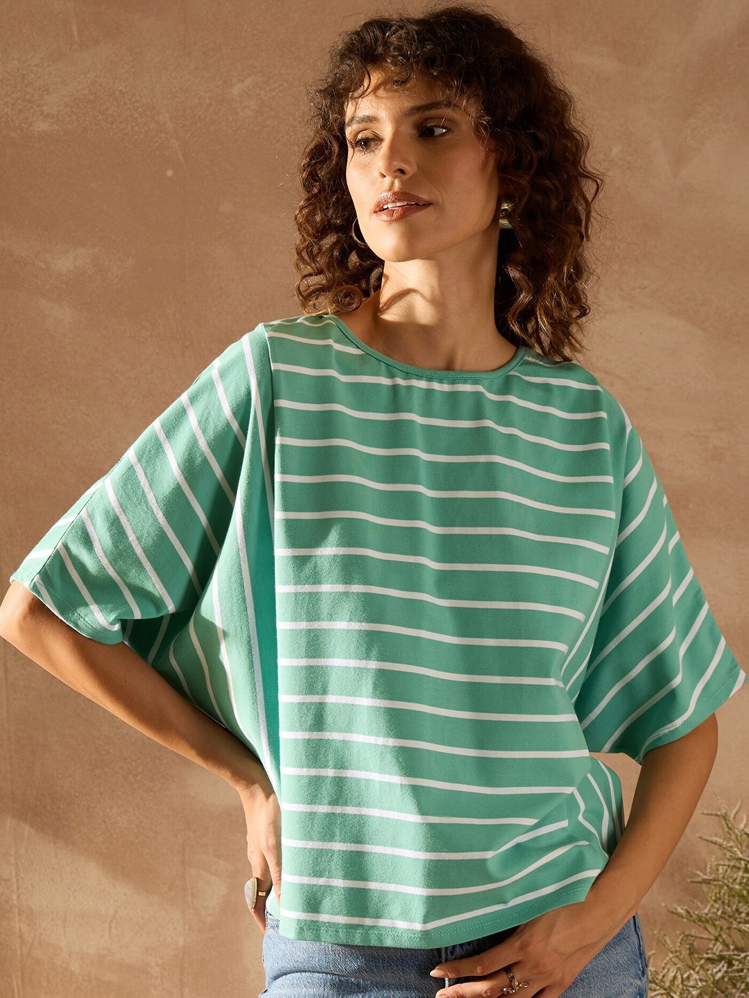 

KASSUALLY Striped Batwing Sleeve Cotton Boxy Top, Blue