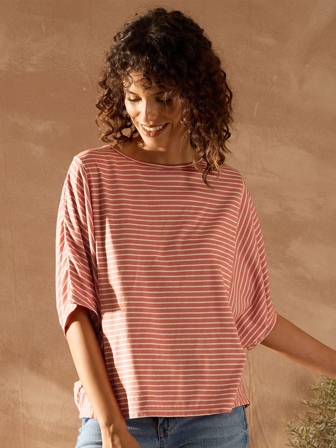 

KASSUALLY Striped Batwing Sleeve Cotton Boxy Top, Peach