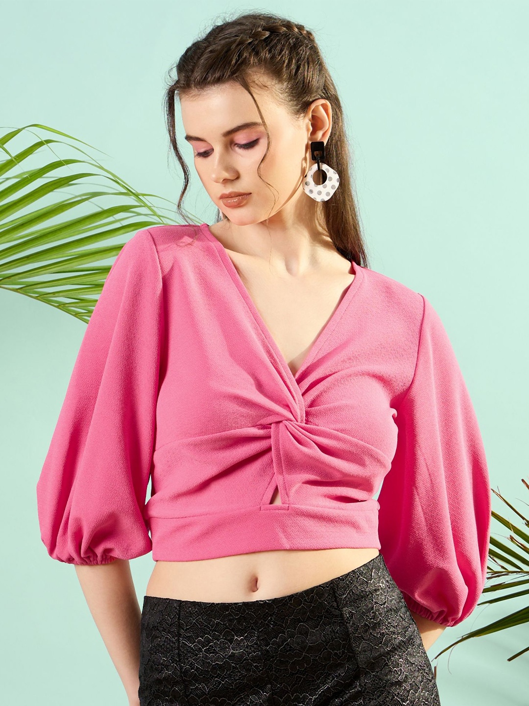 

KASSUALLY Puff Sleeve Twisted Crop Top, Pink