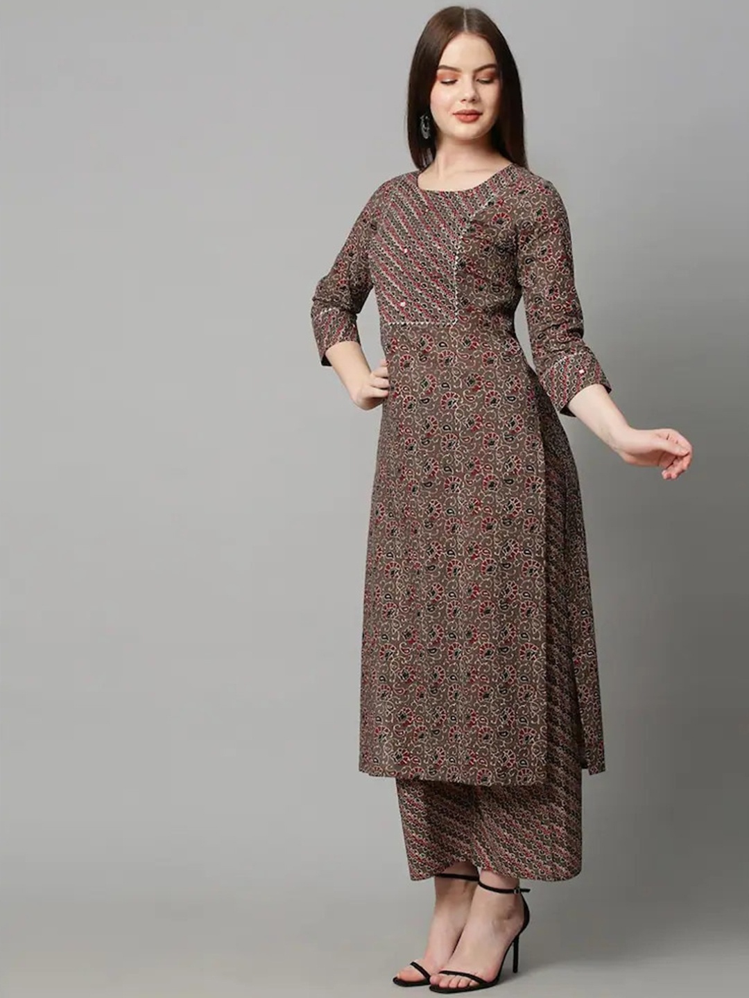 

Sanwariya Silk Ethnic Motifs Printed Regular Mirror Work Kurta with Trouser, Brown