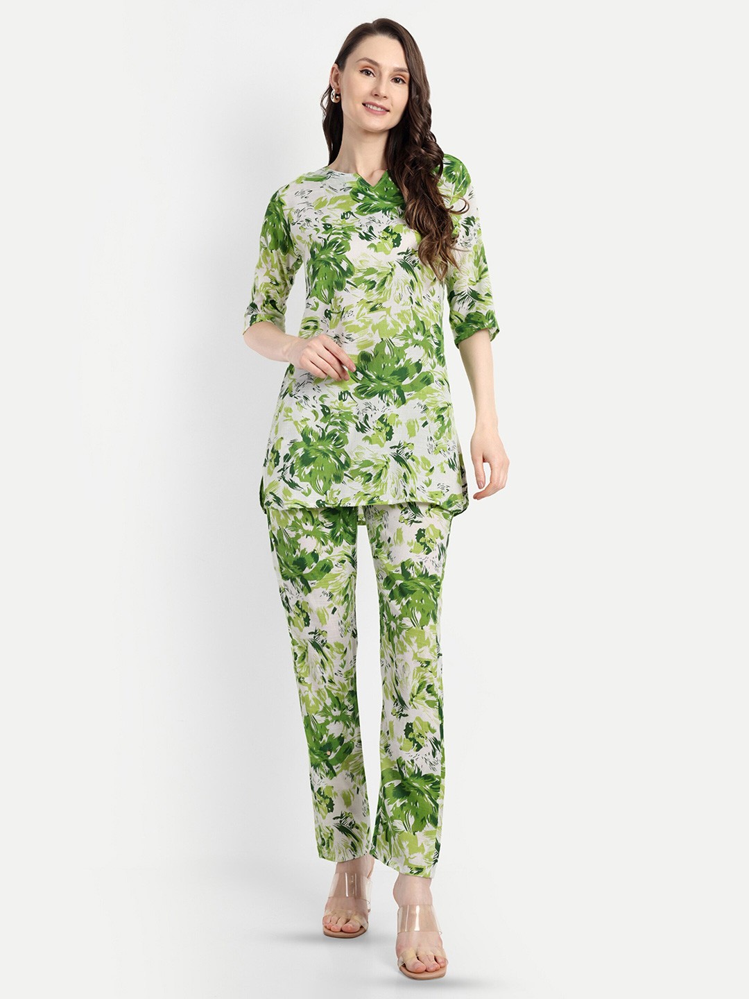 

FNOCKS Women Floral Printed Organic Cotton Tunic With Trousers Co-Ords, Green