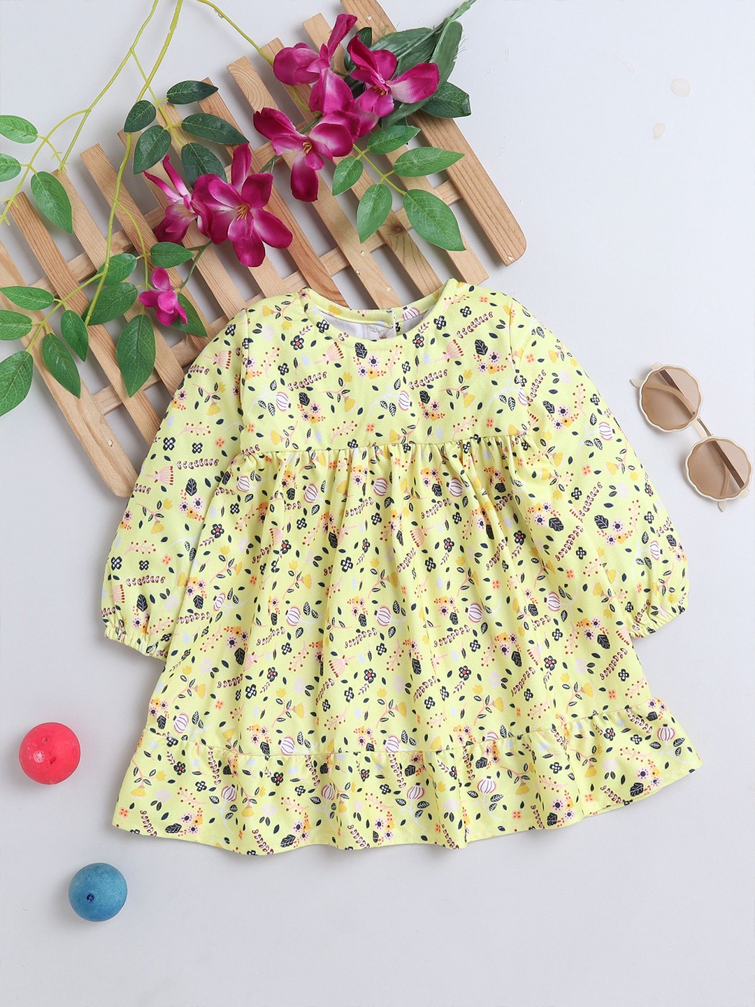 

YK Girls Floral Print Puff Sleeve Empire Dress, Yellow