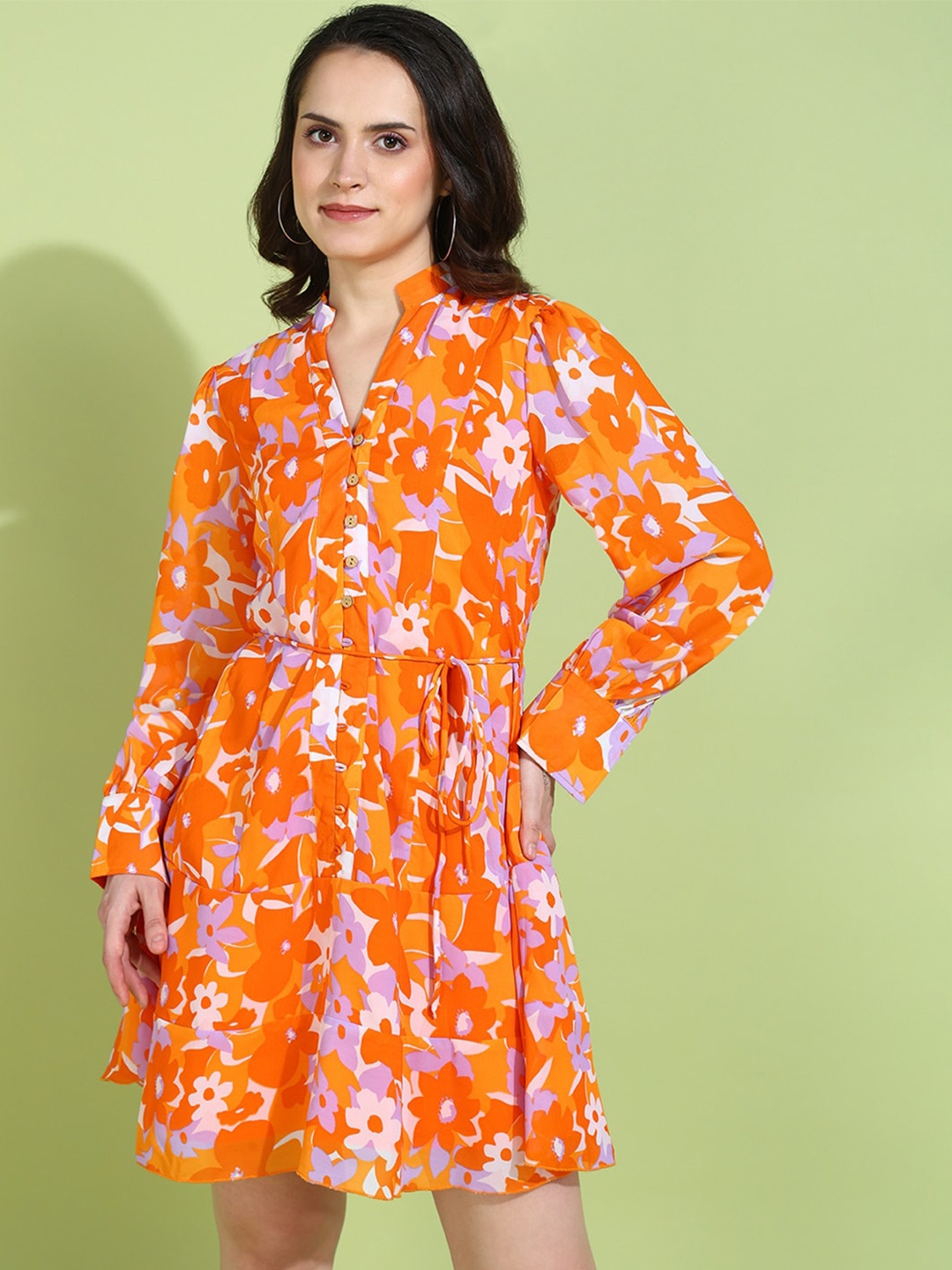 

DODO & MOA Women Floral Print Georgette Fit & Flare Dress, Orange