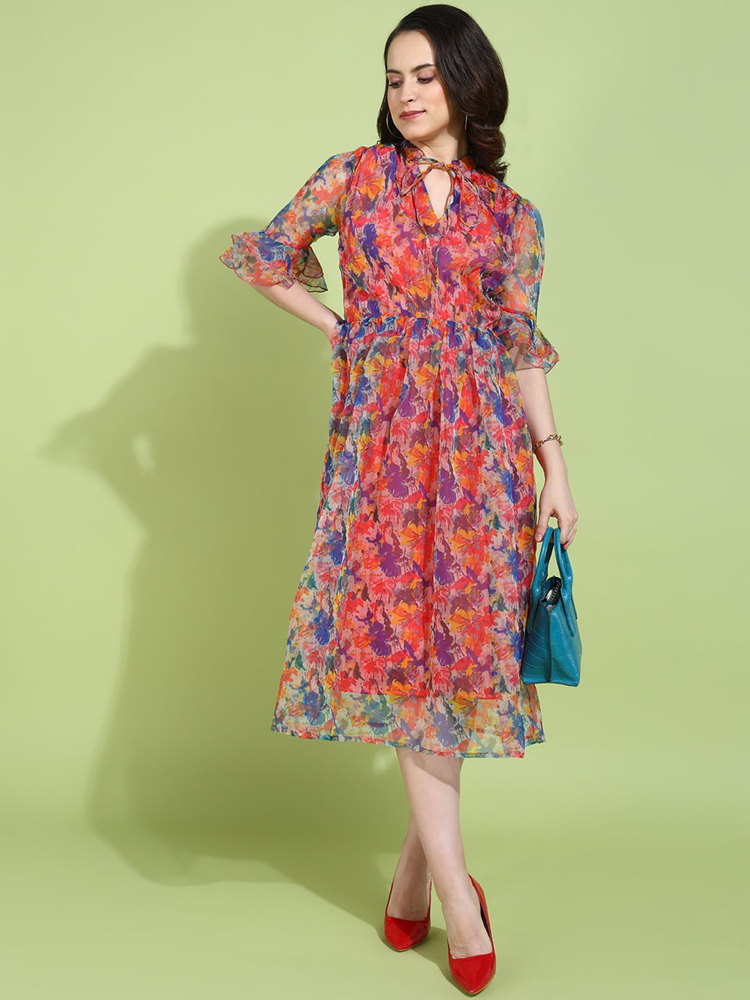 

DODO & MOA Women Floral Print Tie-Up Neck Bell Sleeve Fit & Flare Midi Dress, Multi
