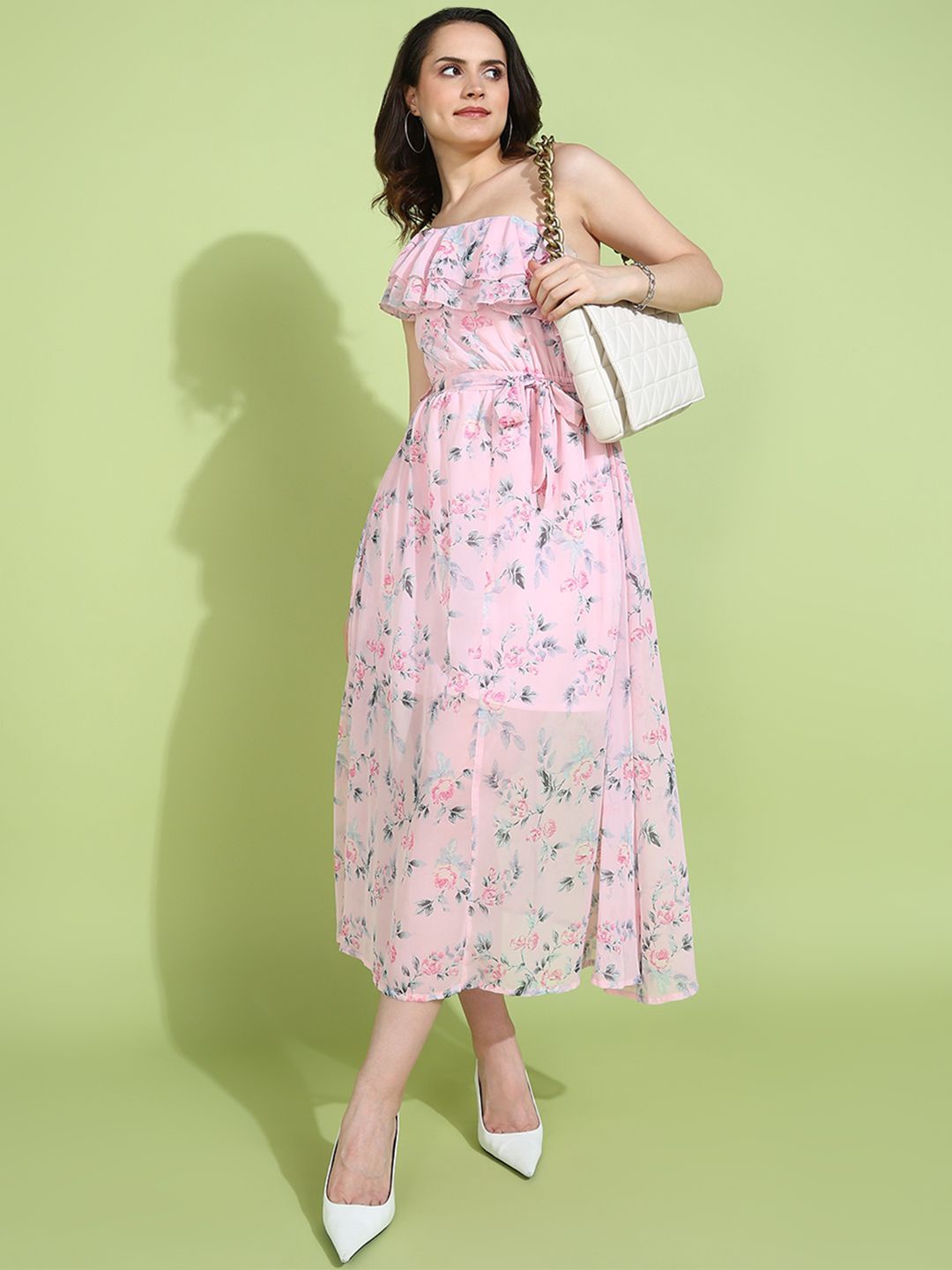 

DODO & MOA Women Floral Print Georgette Fit & Flare Midi Dress, Pink