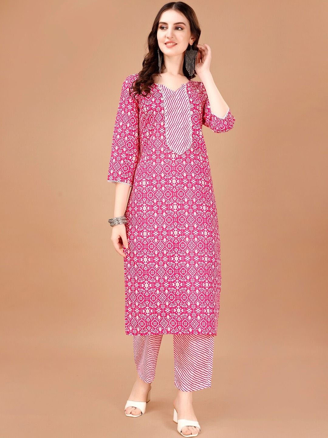 

SANJANA SILK Women Printed Regular Kurta with Trousers, Peach