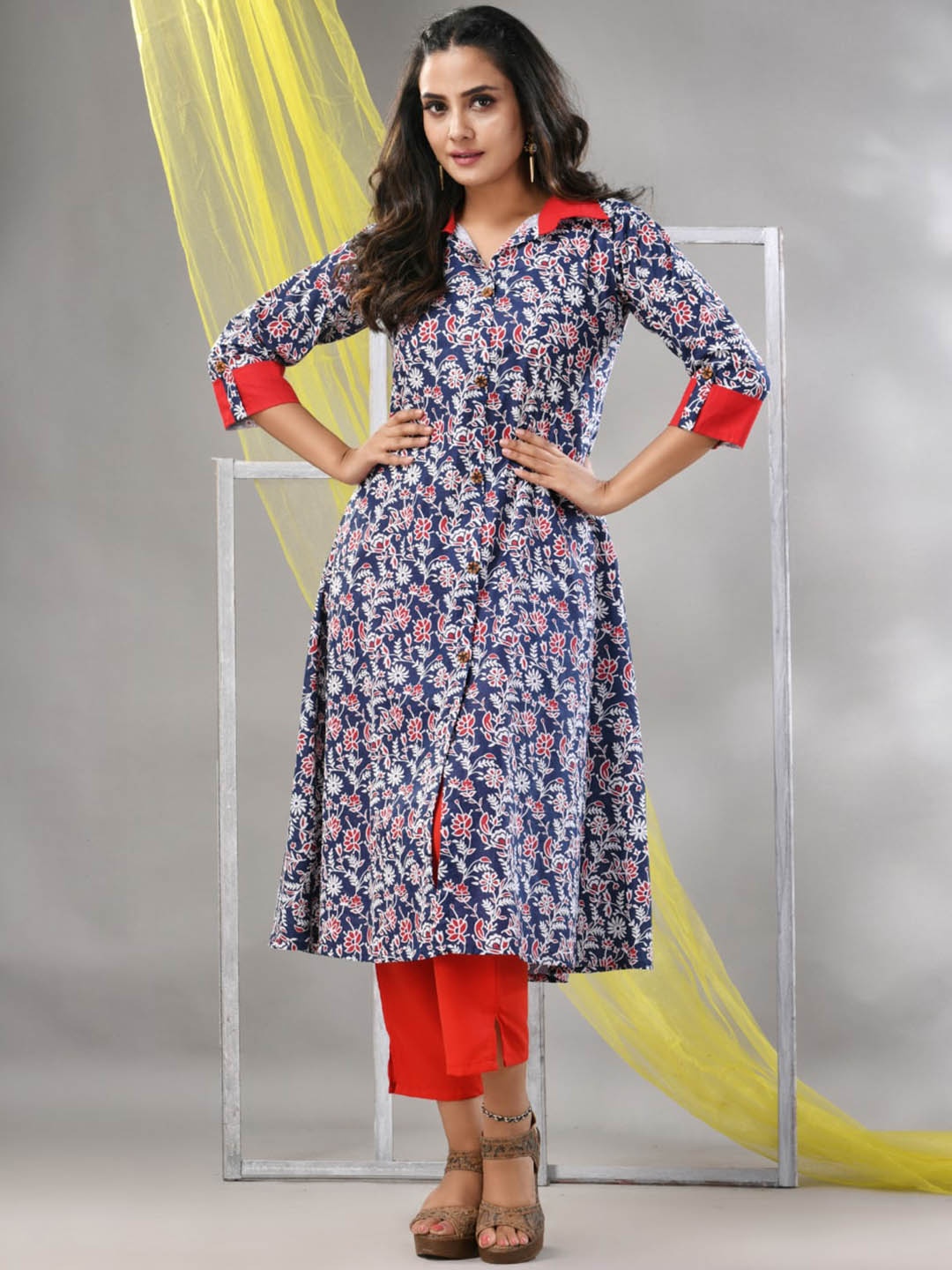 

Charukriti Ethnic Motifs Printed Plus Size Shirt Collar Cotton A-Line Kurta, Navy blue