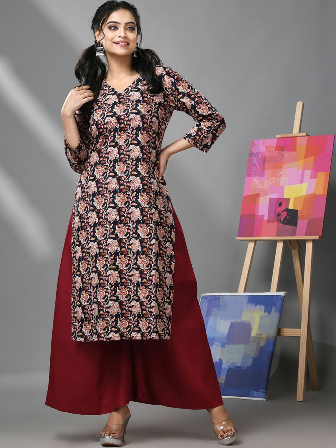

Charukriti Floral Printed Cotton A-Line Kurta, Black