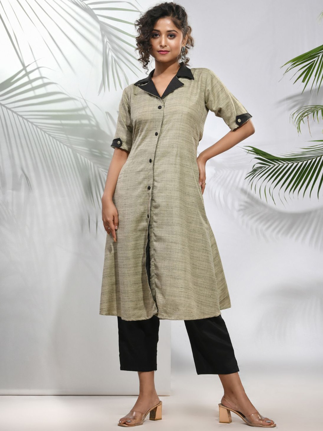 

Charukriti Shirt Collar Front Slit A-Line Silk Kurta, Beige