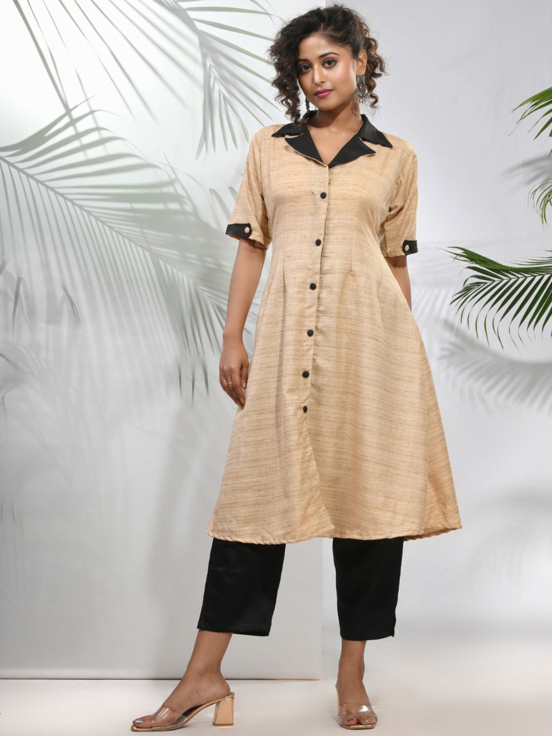 

Charukriti Shirt Collar Short Sleeves Silk A-Line Kurta, Beige