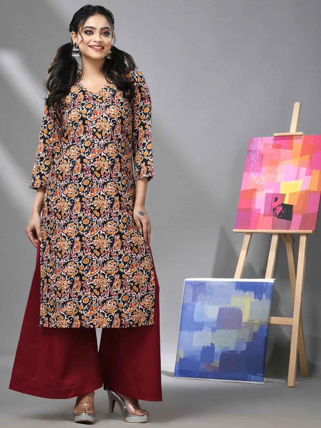 

Charukriti Paisley Printed Cotton A-Line Kurta, Black