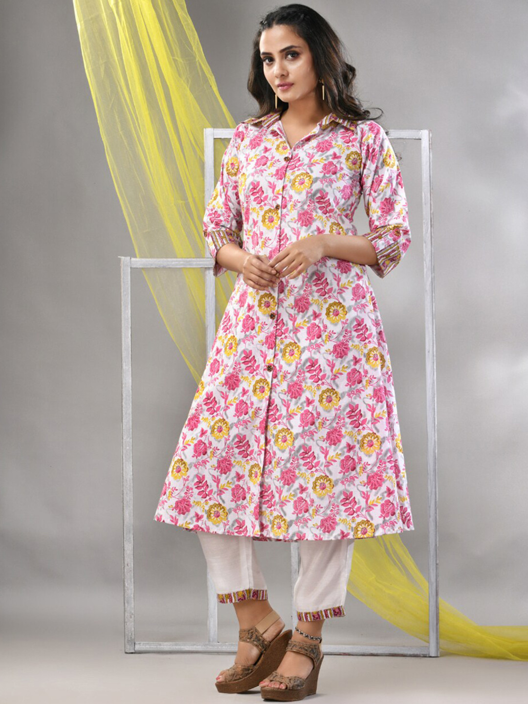 

Charukriti Floral Printed Shirt Collar Cotton Plus Size A-Line Kurta, White