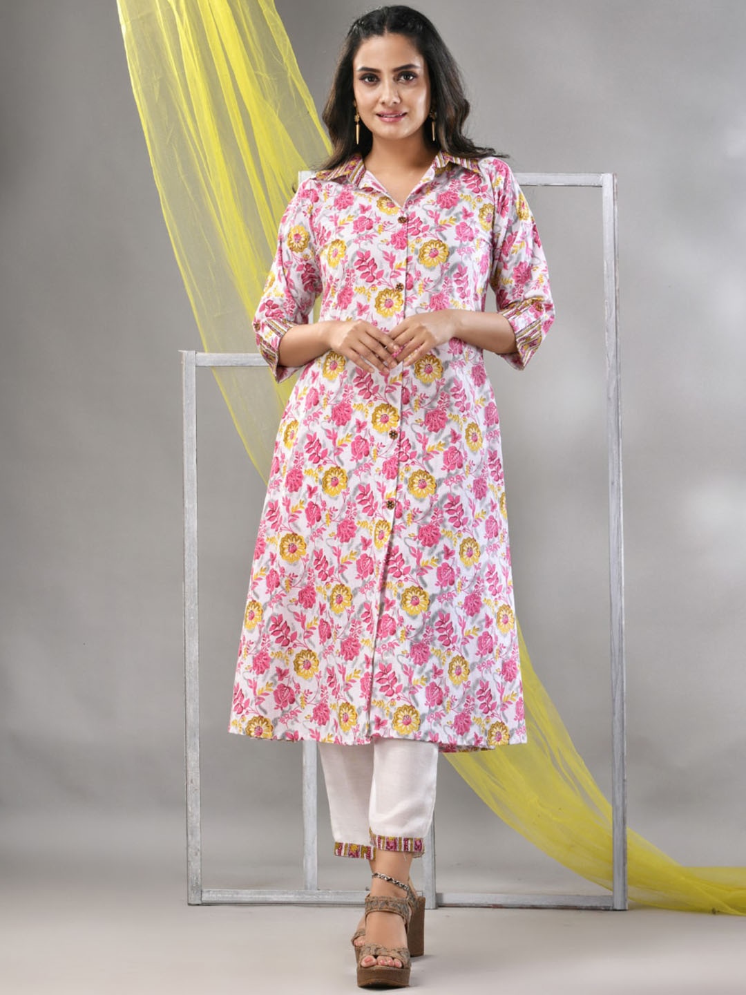 Charukriti Floral Printed Shirt Collar Cotton Kurta, White