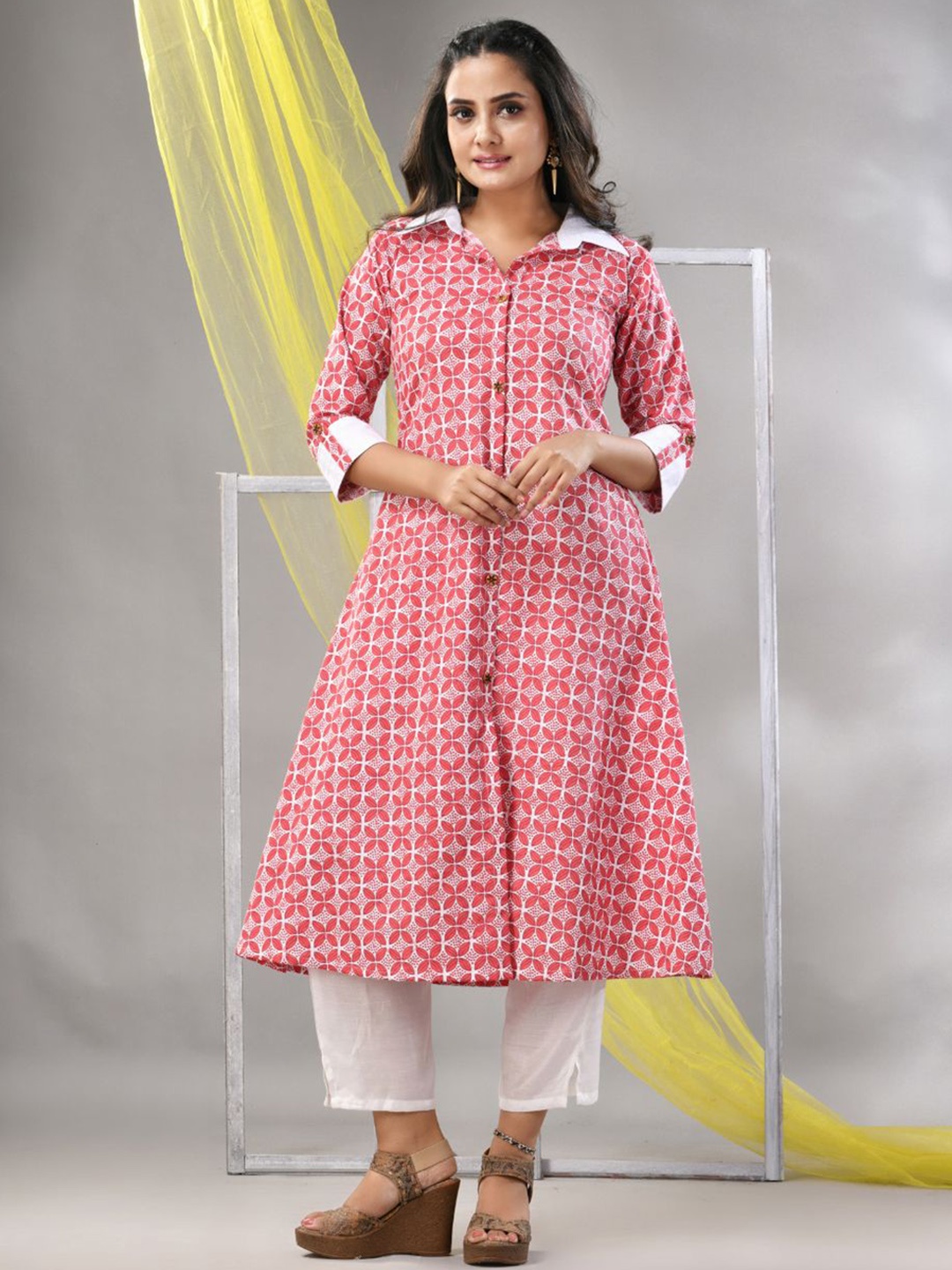 

Charukriti Ethnic Motifs Printed Cotton Shirt Collar A-Line Kurta, Red