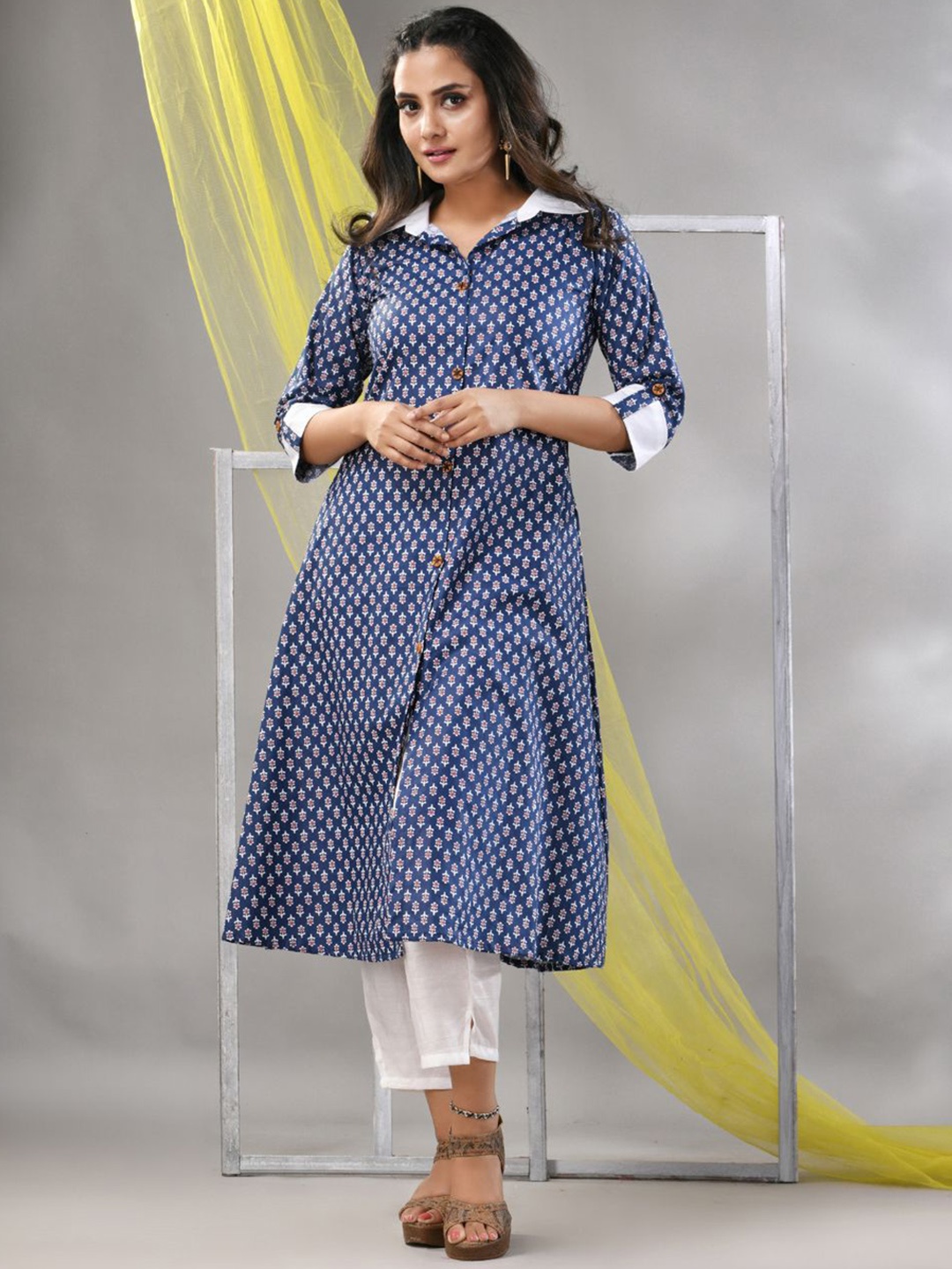 

Charukriti Floral Printed Shirt Collar Cotton A-Line Kurta, Navy blue