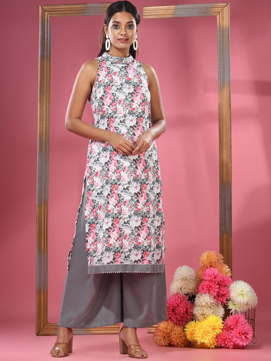 Charukriti Floral Printed High Neck Sleeveless Georgette A-Line Kurta, White